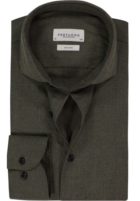 Profuomo slim fit heren overhemd, twill, olijfgroen Profuomo slim fit heren overhemd, twill, olijfgroen