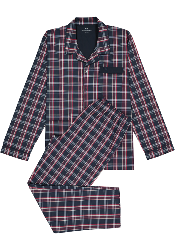 Gotzburg heren pyjama met knopen, geweven heren pyjama niet elastisch, blauw met rood en wit geruit Gotzburg heren pyjama met knopen, geweven heren pyjama niet elastisch, blauw met rood en wit geruit