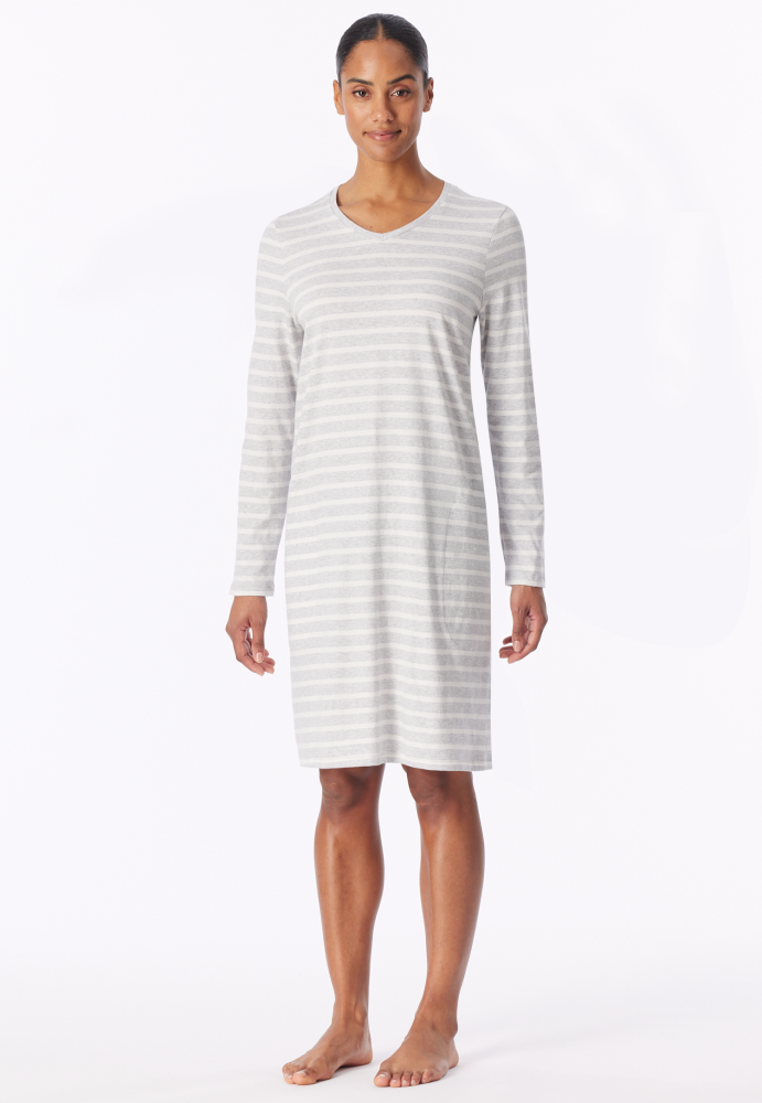 SCHIESSER dames Cotton Essentials Nachthemd lang, dames nachthemd, zilvergrijs melange gestreept