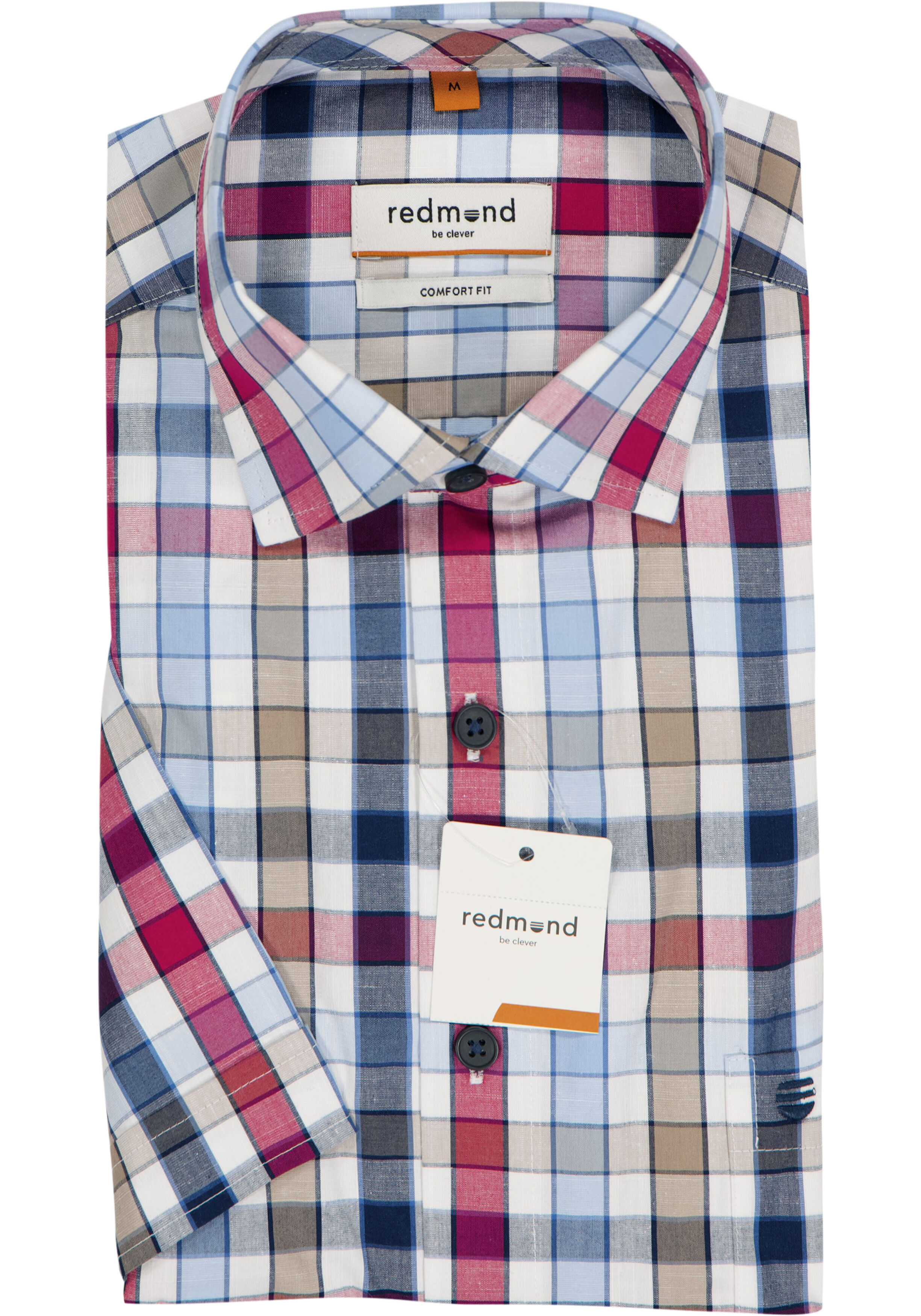 Redmond comfort fit overhemd, korte mouw, chambray, blauw met rood, wit en kaki geruit