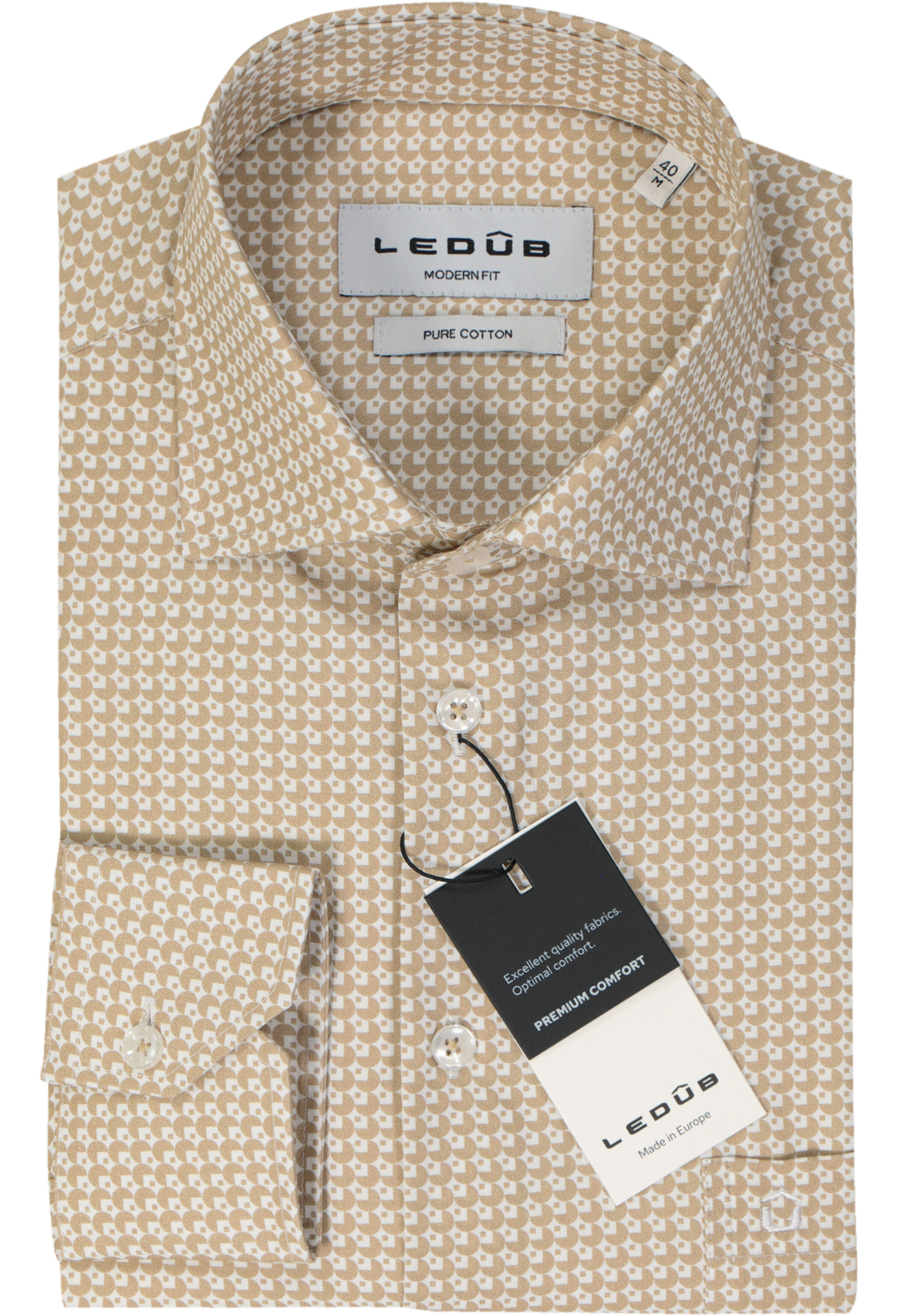 Ledub modern fit overhemd, popeline, beige met wit dessin