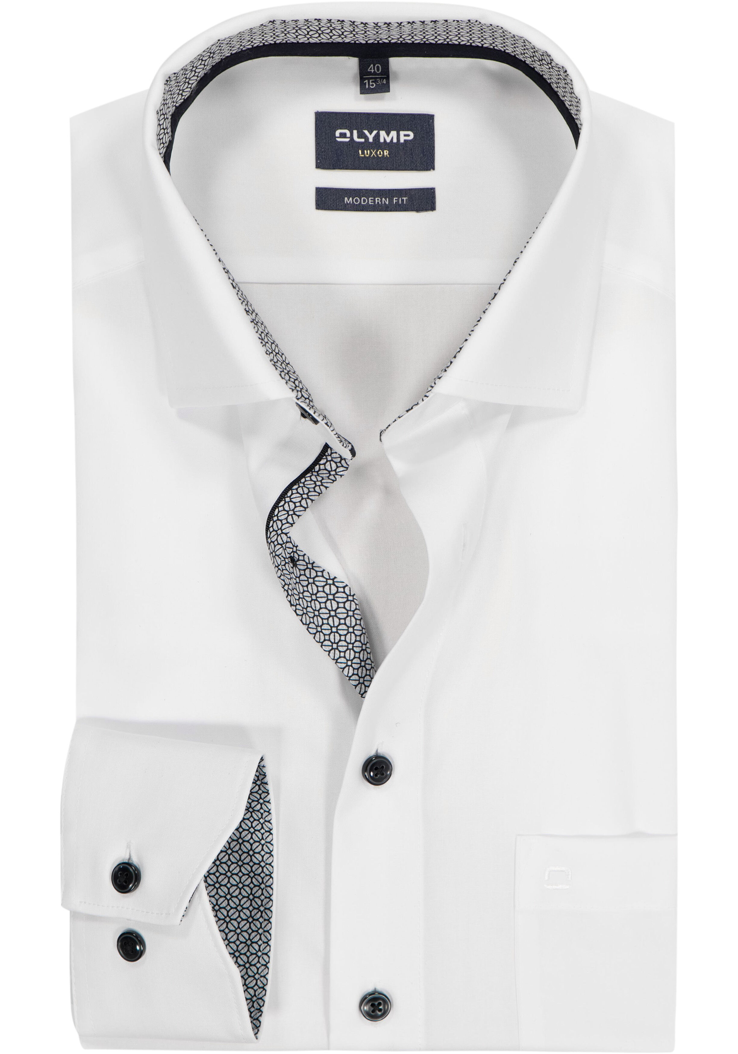 OLYMP Luxor modern fit overhemd, mouwlengte 7, wit (zwart contrast) 