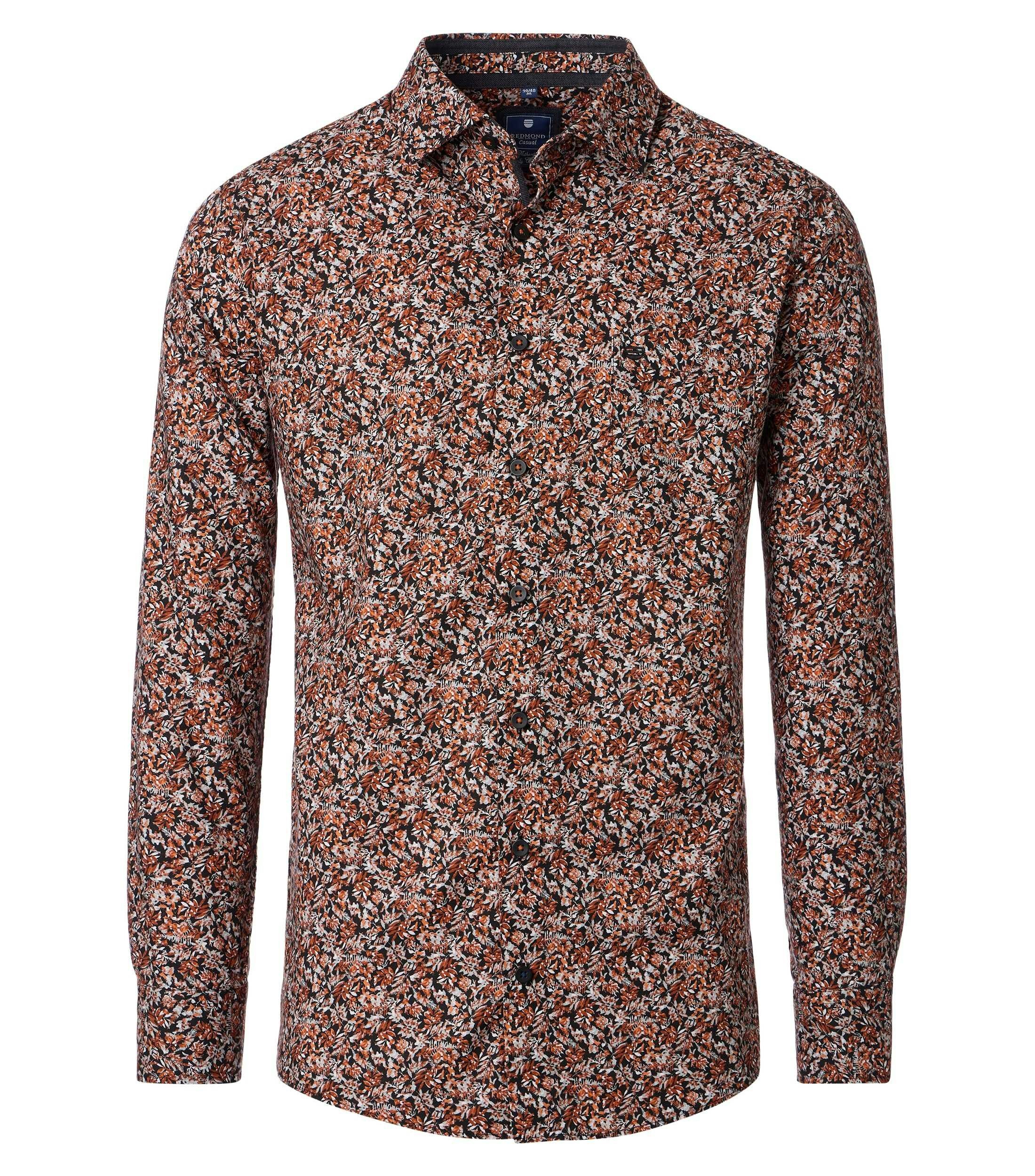 Redmond comfort fit overhemd, popeline, oranje, zwart en wit dessin