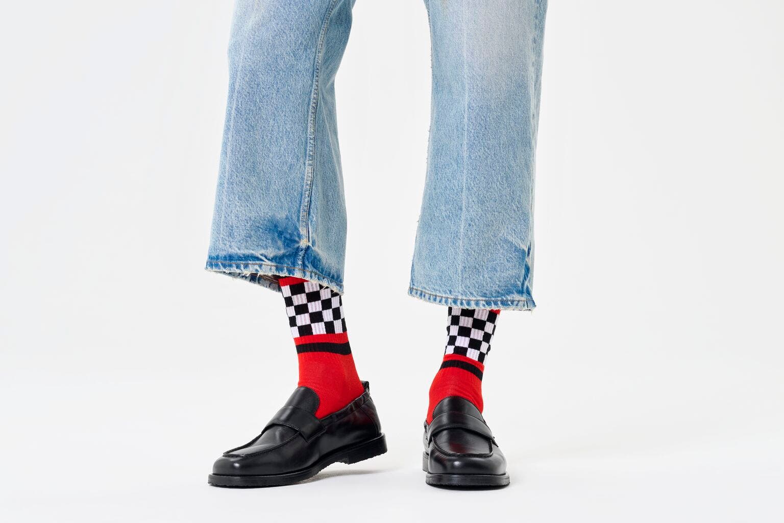 Happy Socks Checked Stripe Sneaker Sock, unisex sokken, rood