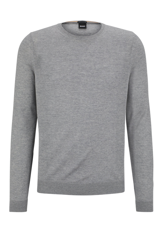 BOSS Leno slim fit trui wol, heren pullover middeldik O-hals, lichtgrijs BOSS Leno slim fit trui wol, heren pullover middeldik O-hals, lichtgrijs