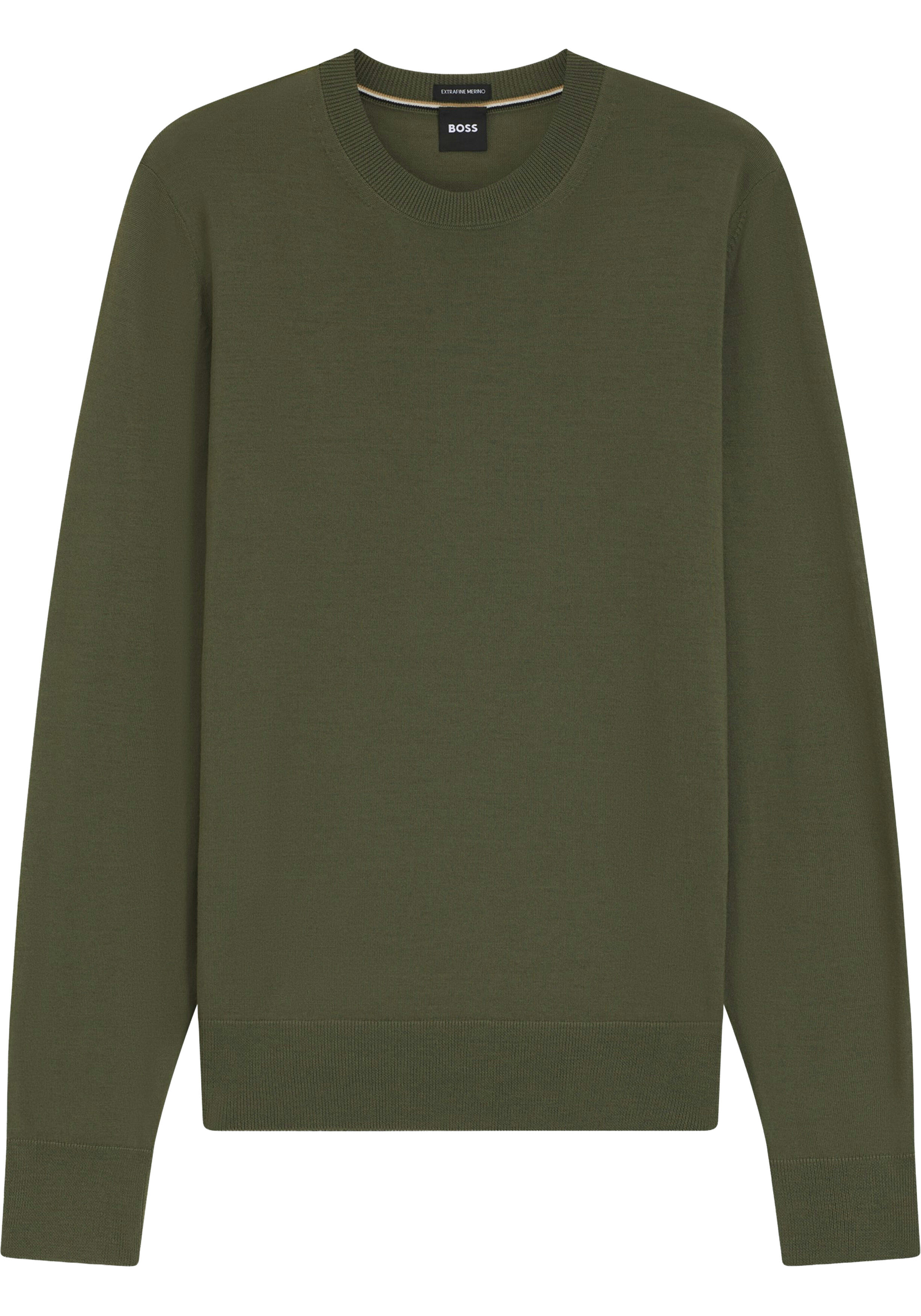 BOSS Leno slim fit trui wol, heren pullover middeldik O-hals, groen