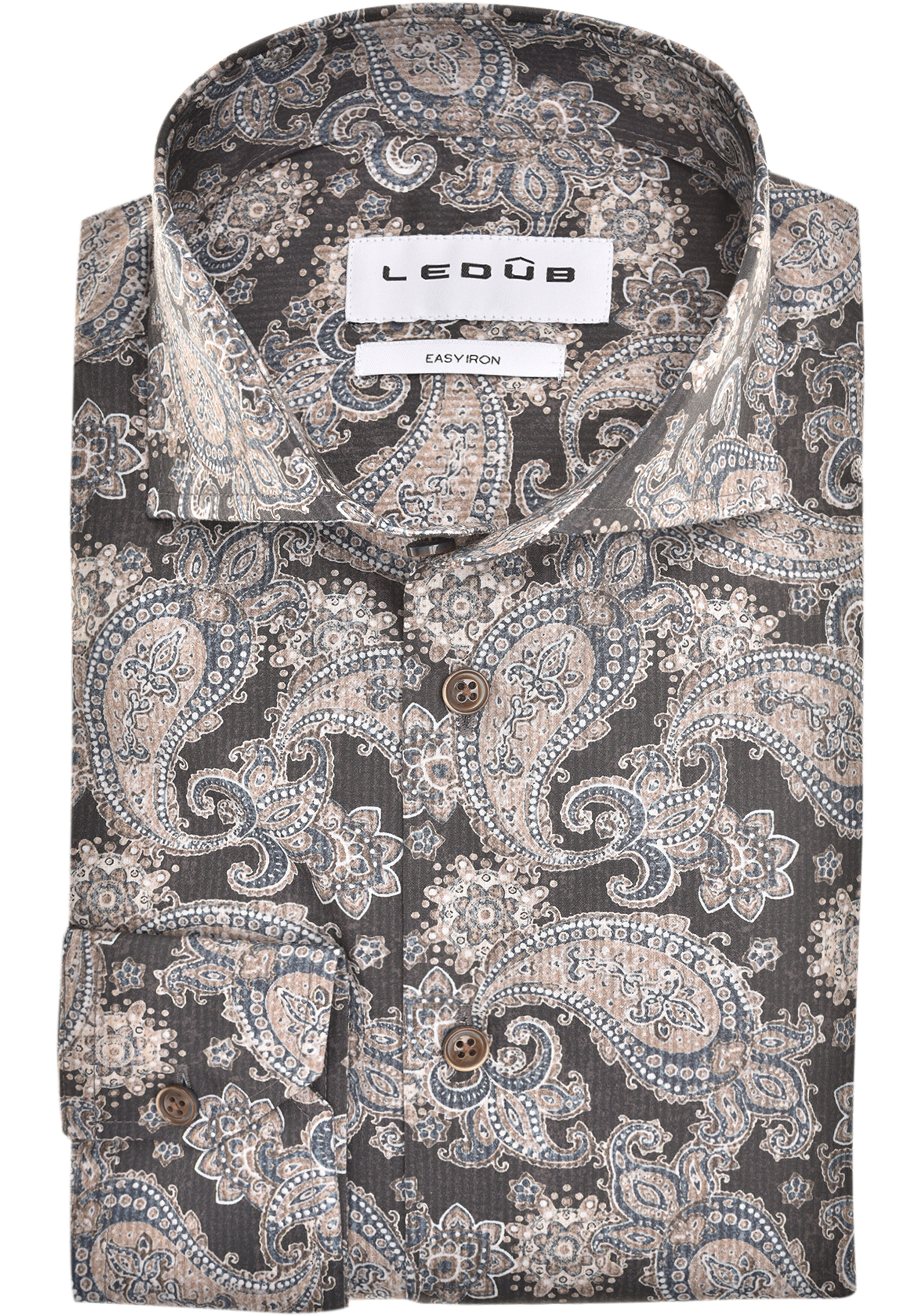 Ledub modern fit overhemd, popeline, bruin met beige en wit paisley dessin