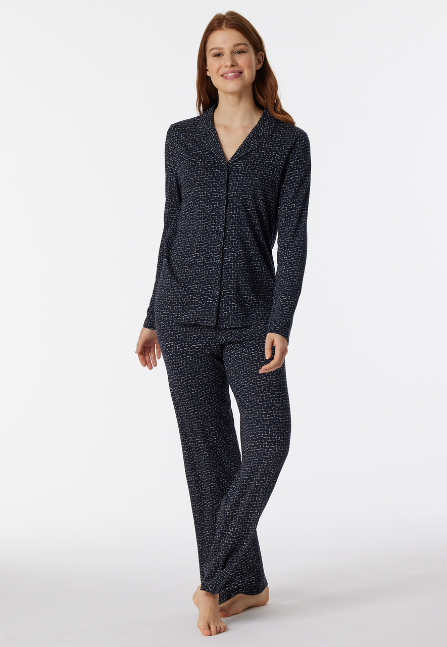 SCHIESSER Contemporary Nightwear pyjamaset, dames pyjama lang biologisch katoen knoopsluiting reverskraag grafische print nachtblauw
