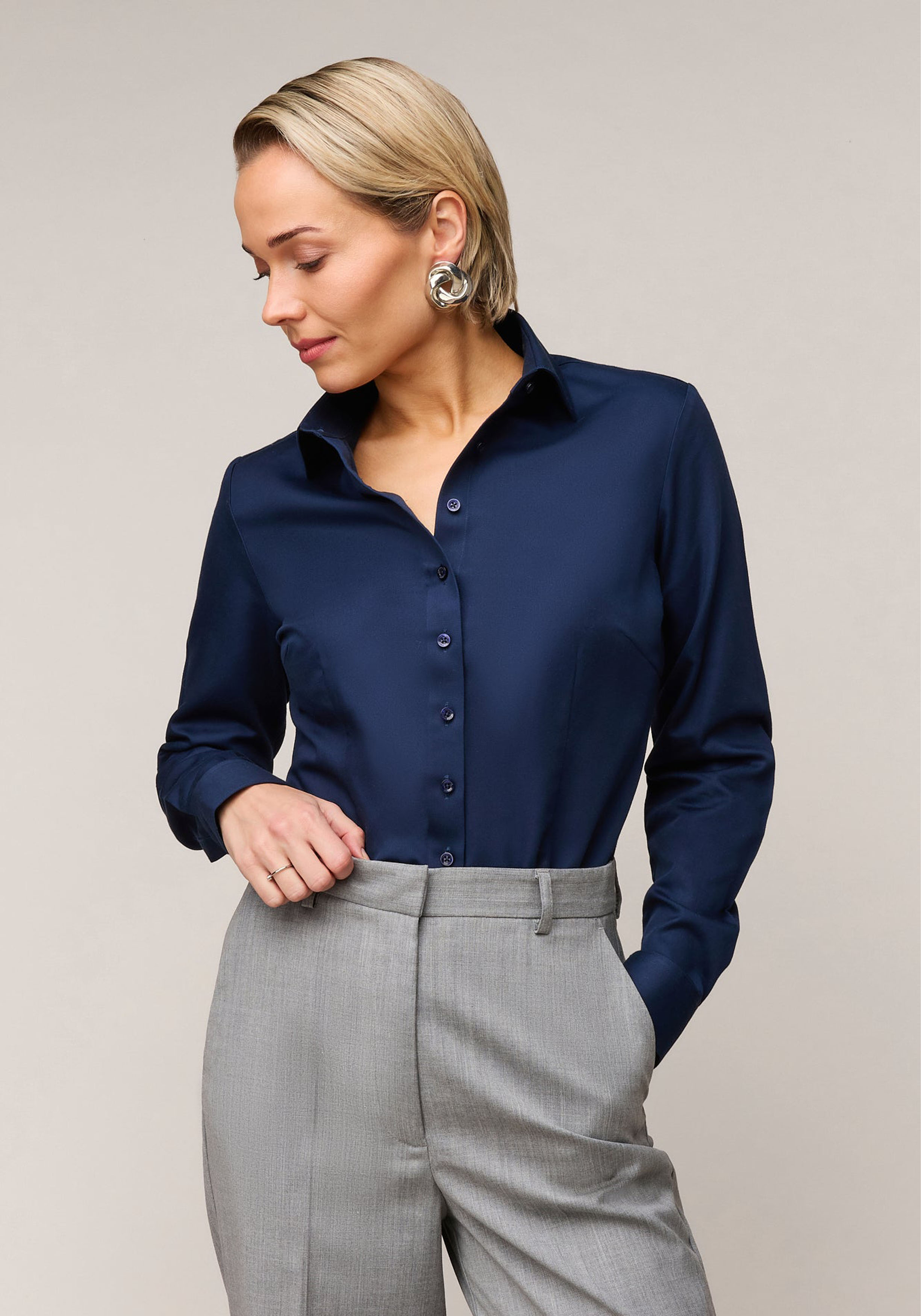 Vander Amsterdam damesblouse slim fit enkele manchet, twill, navy