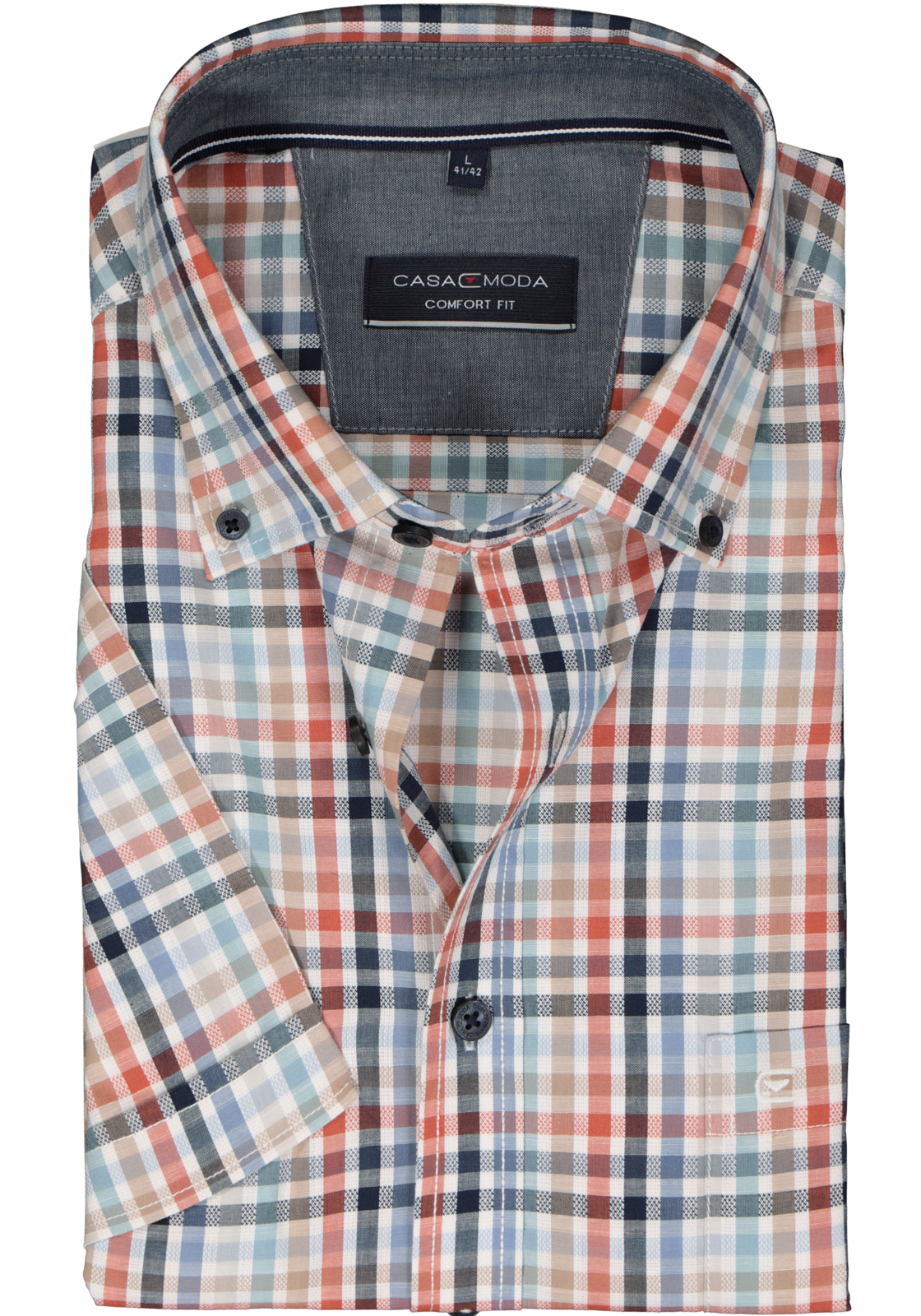 1-4064813862411_casa-moda-overhemd_HR CASA MODA Sport comfort fit overhemd, korte mouw, popeline, wit met blauw en oranje geruit