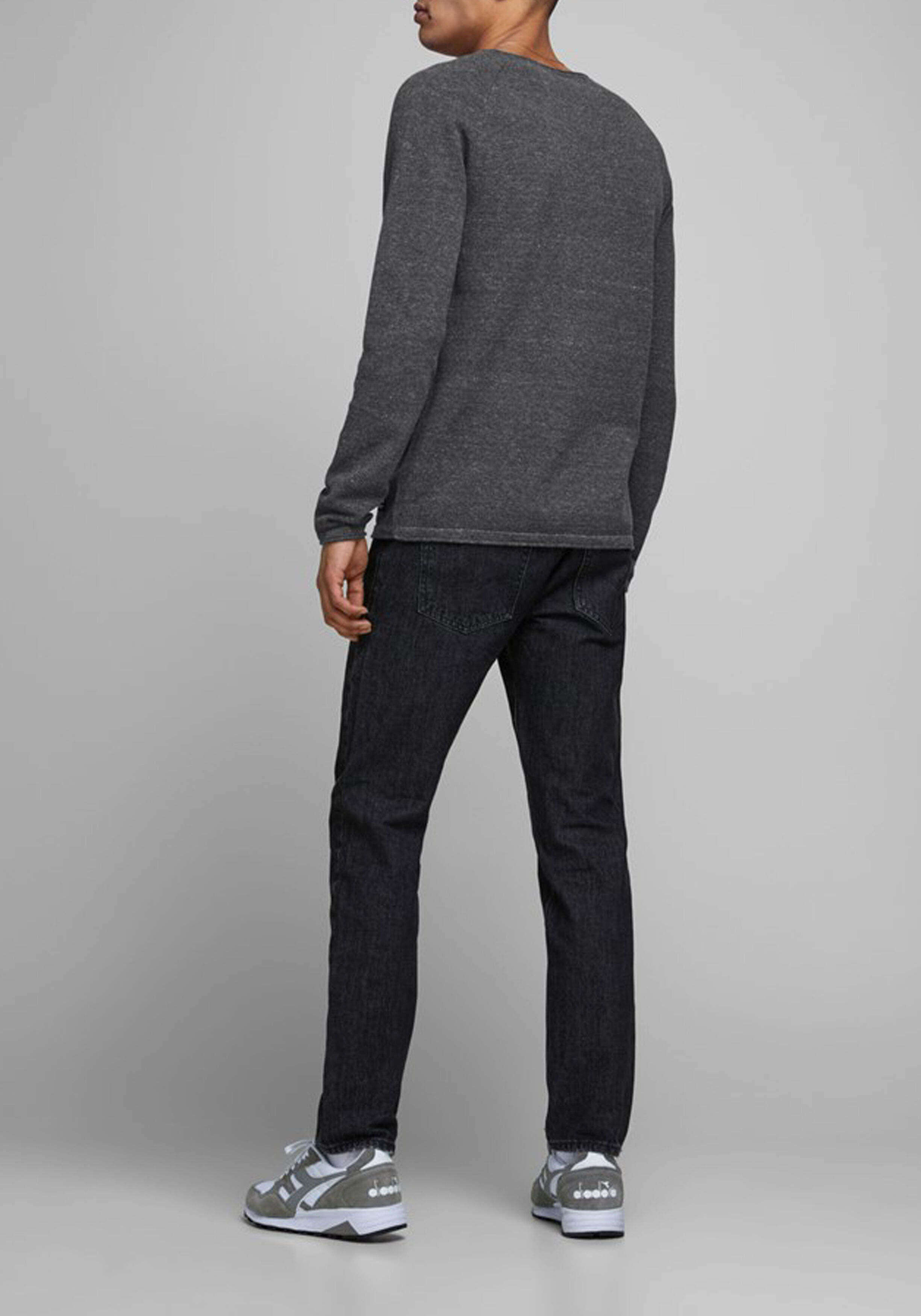 JACK & JONES slim fit trui katoen, O-hals, antraciet grijs melange 