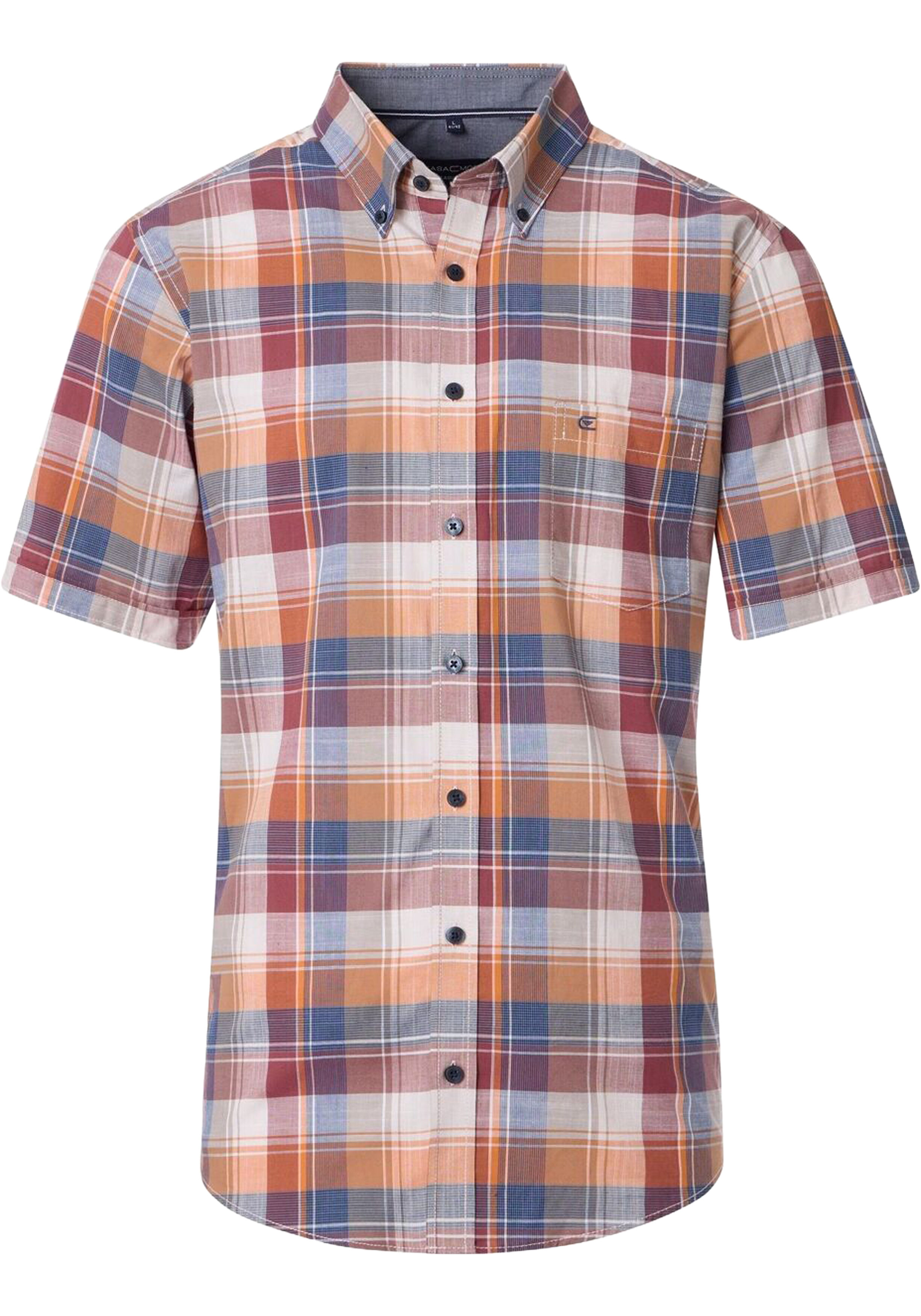 CASA MODA Sport casual fit overhemd, korte mouw, chambray, rood, met oranje, blauw en wit geruit
