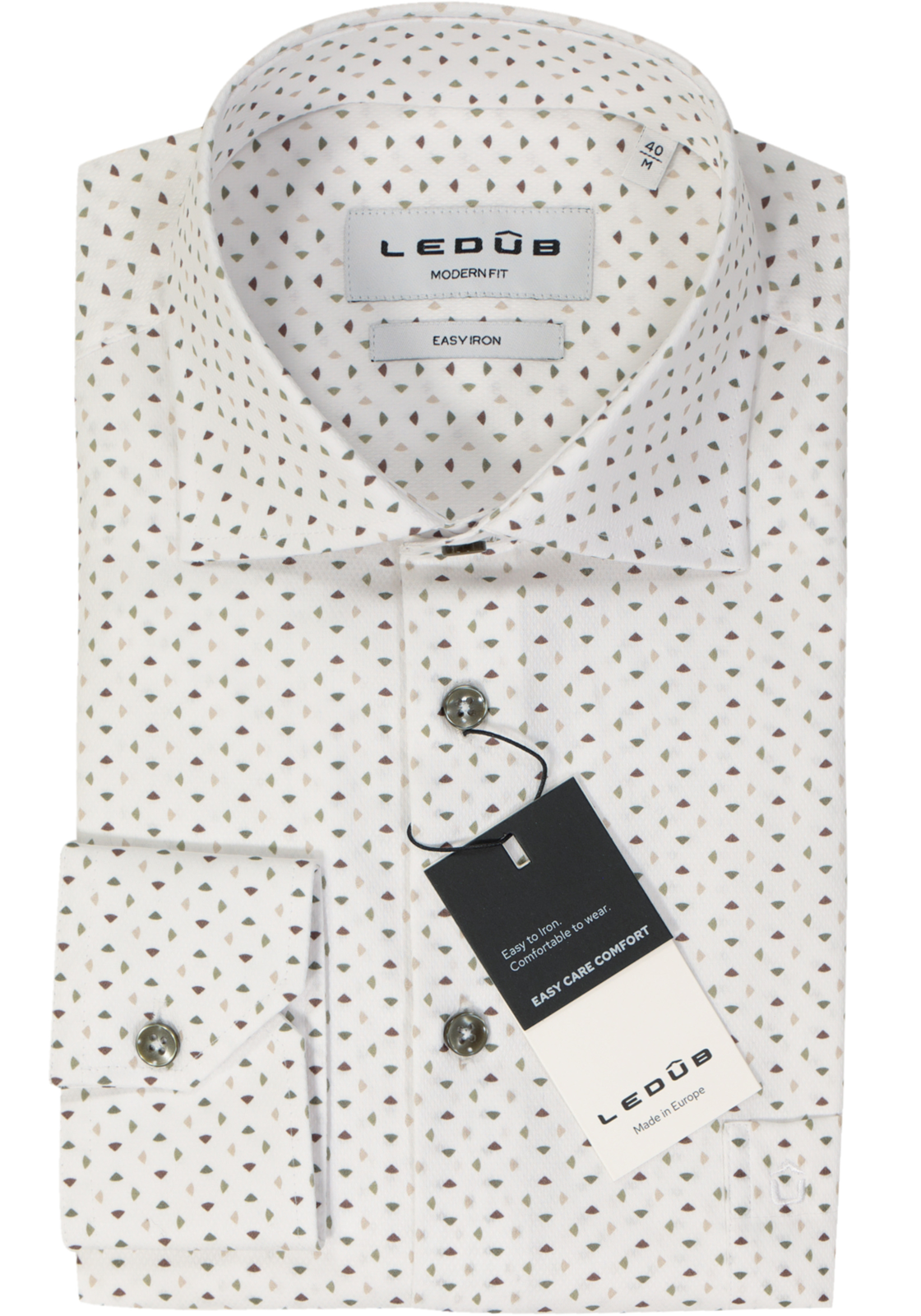 Ledub modern fit overhemd, popeline, wit met groen dessin Ledub modern fit overhemd, popeline, wit met groen dessin