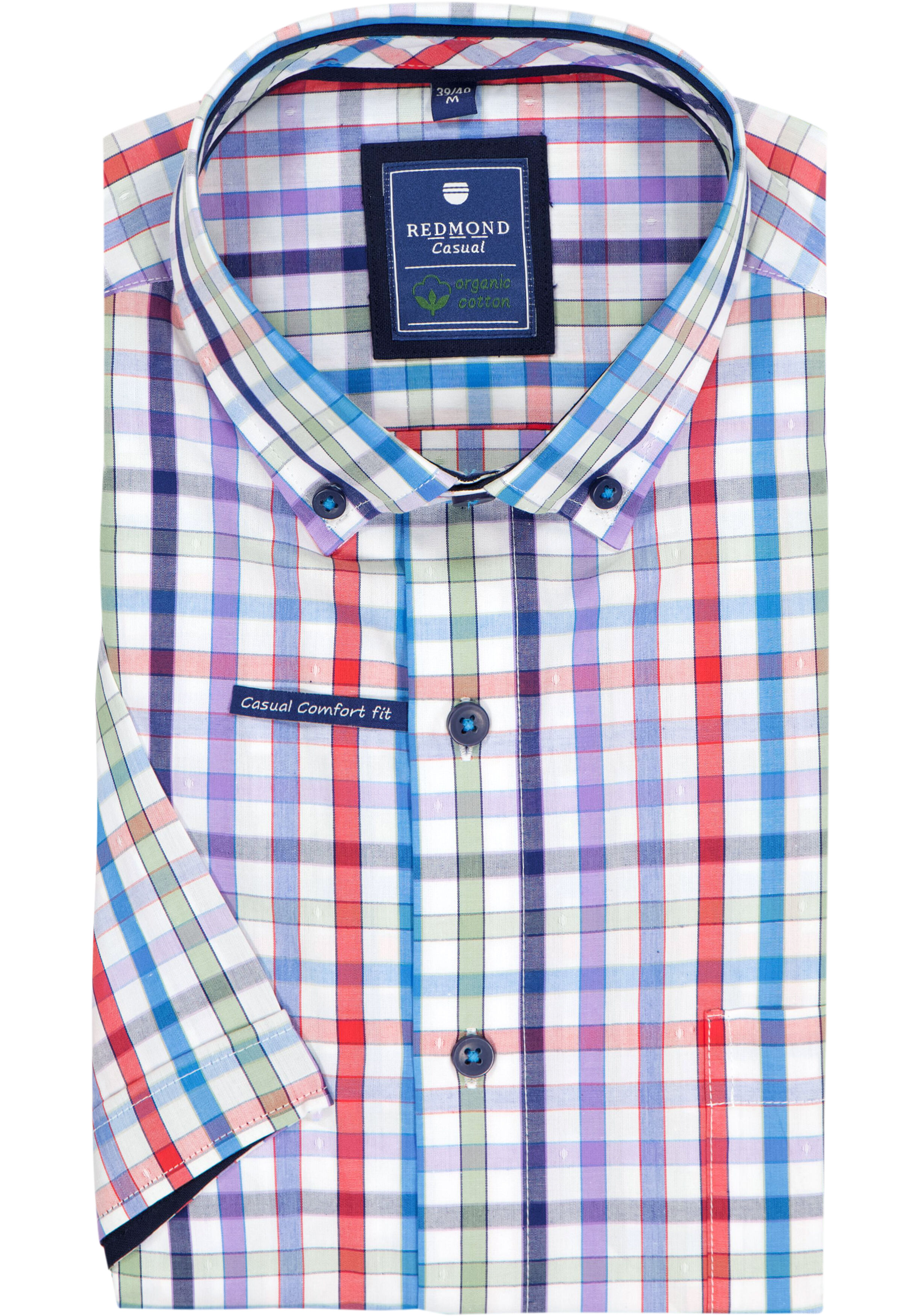 Redmond comfort fit overhemd, korte mouw, popeline, blauw geruit