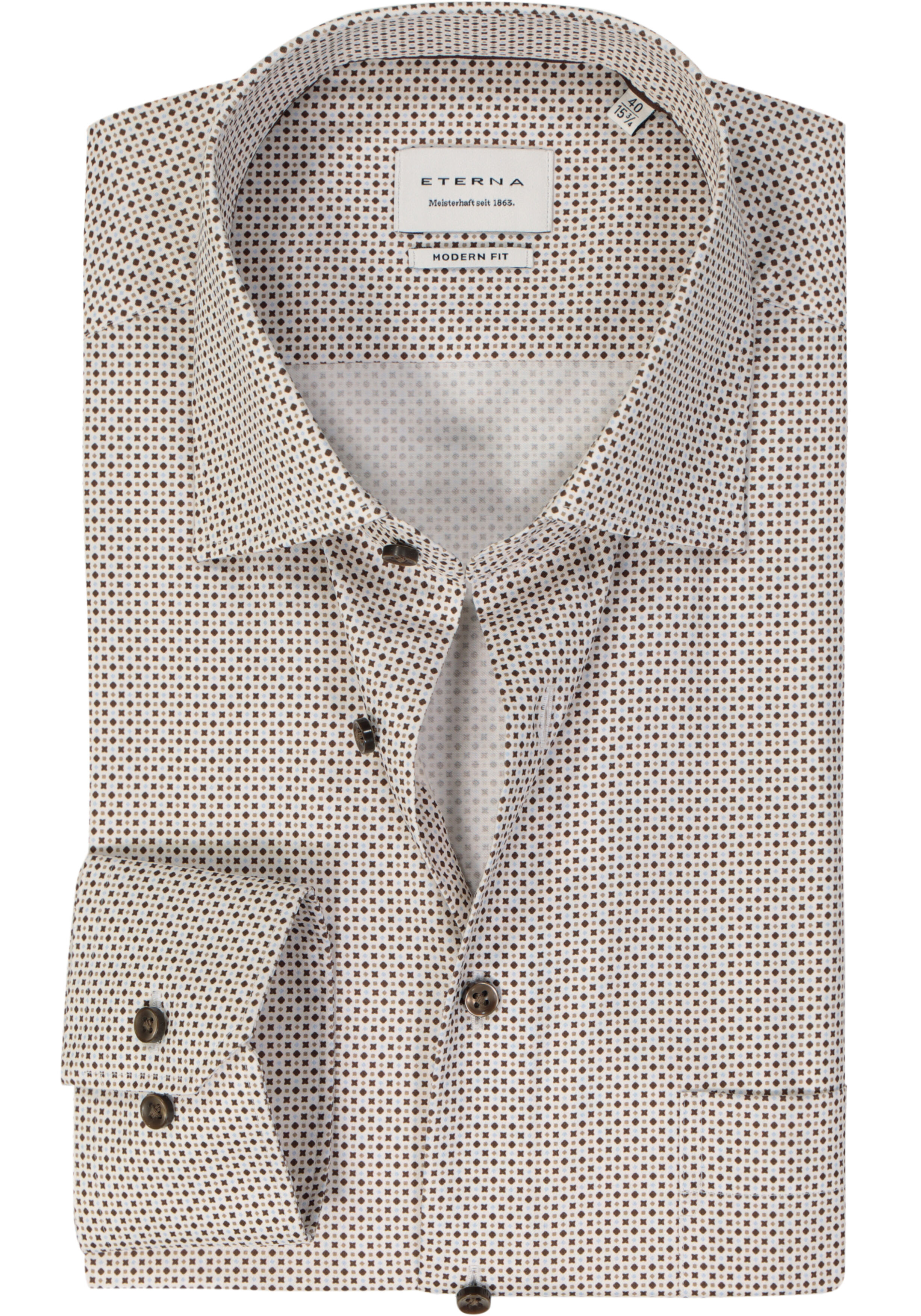 ETERNA modern fit overhemd, satijnbinding, wit met bruin, beige en lichtblauw dessin