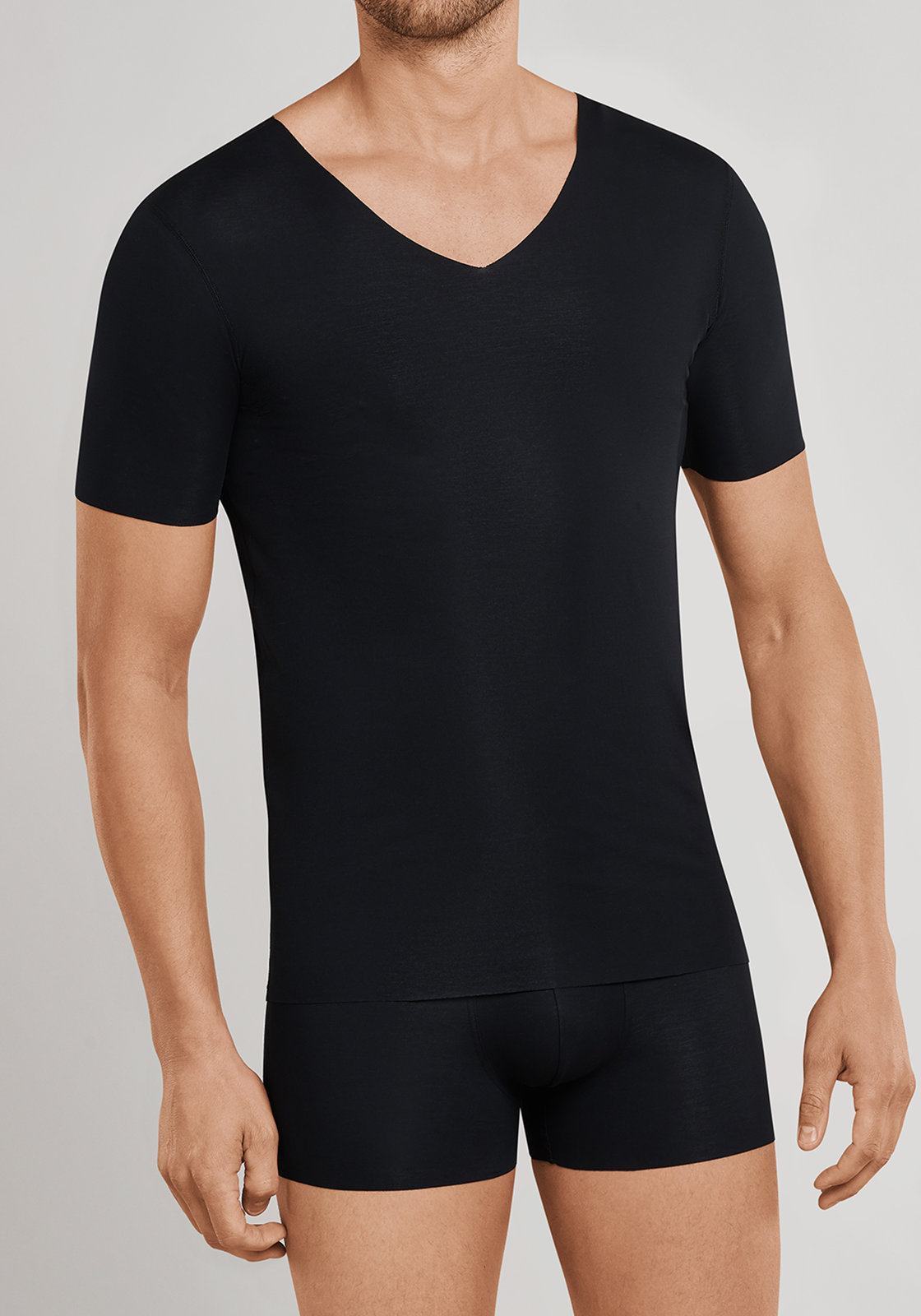 3-4007065687364-schiesser-laser_cut-t-shirt-1p_HR SCHIESSER Laser Cut T-shirt (1-pack), naadloos met diepe V-hals, zwart