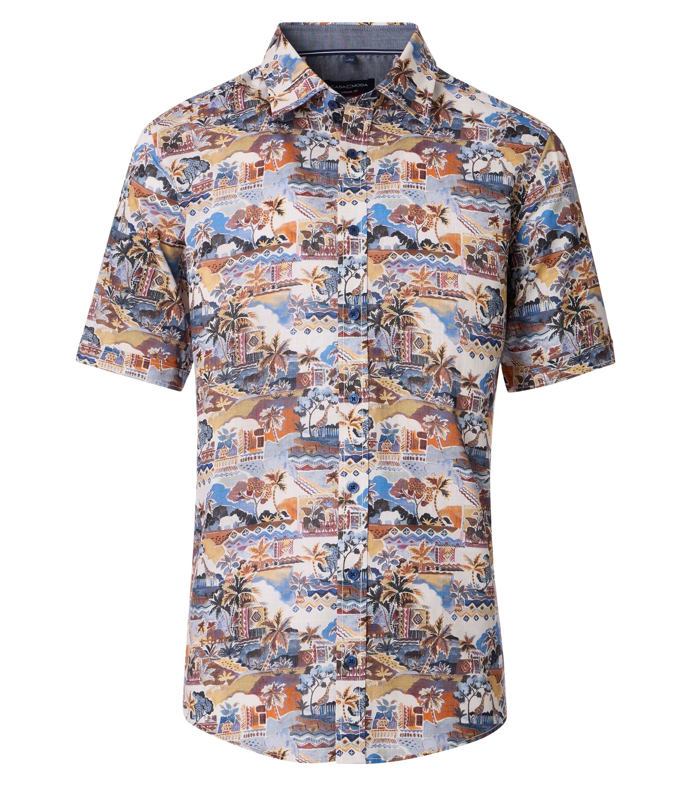 CASA MODA Sport casual fit overhemd, chambray, wit met blauw, beige en oranje dessin