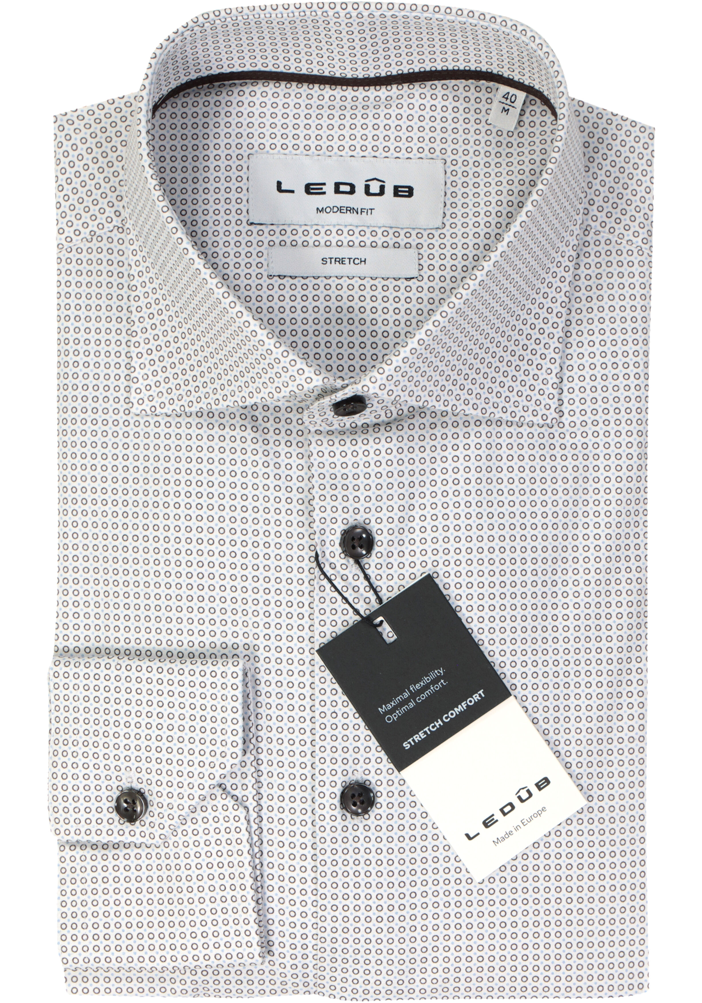 Ledub modern fit overhemd, popeline, donkerbruin met wit dessin
