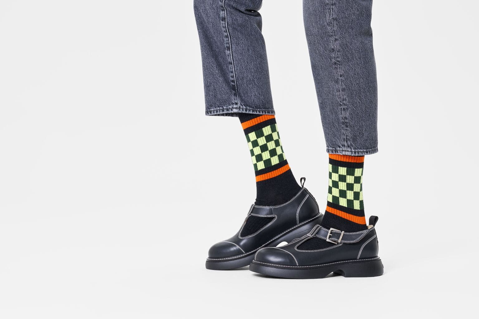 Happy Socks Checked Stripe Sneaker Sock, unisex sokken, zwart