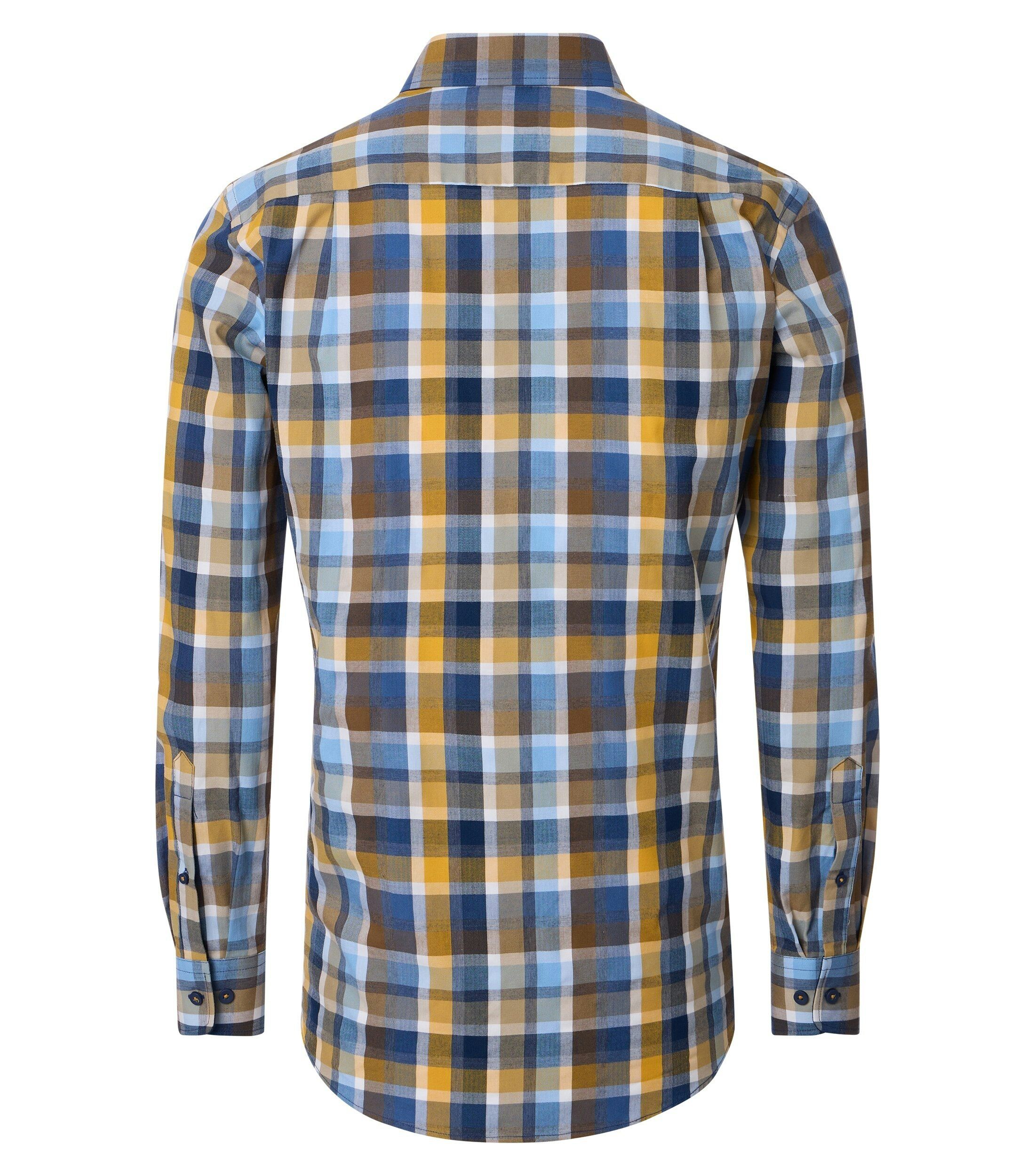 Redmond comfort fit overhemd, dobby, bruin met geel, wit en blauw geruit