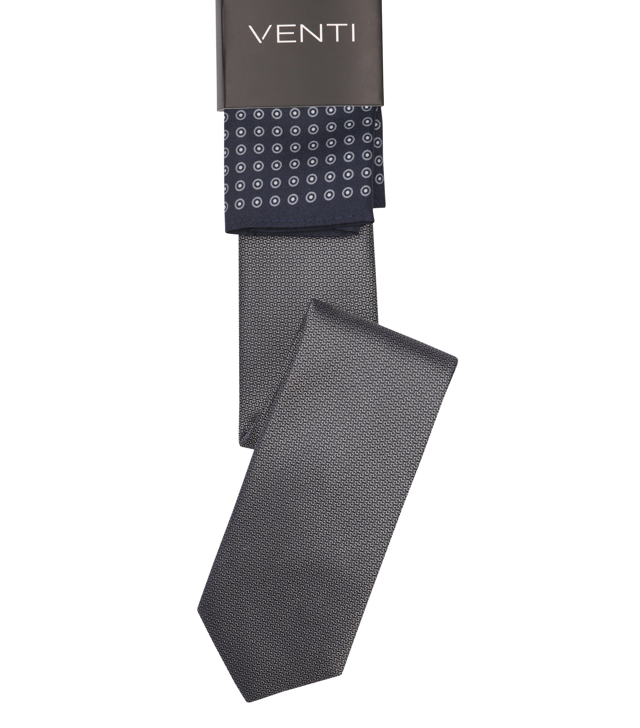 VENTI set met stropdas en pochet, grijs, donkerblauw, wit dessin