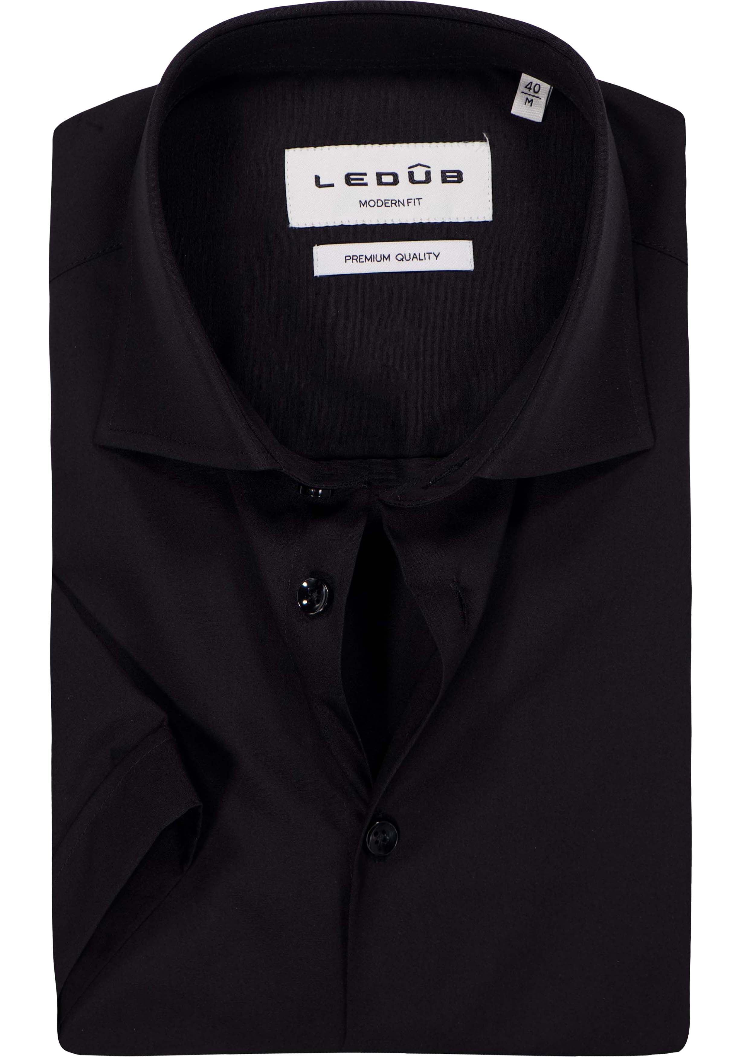 Ledub modern fit overhemd, korte mouw, popeline, zwart