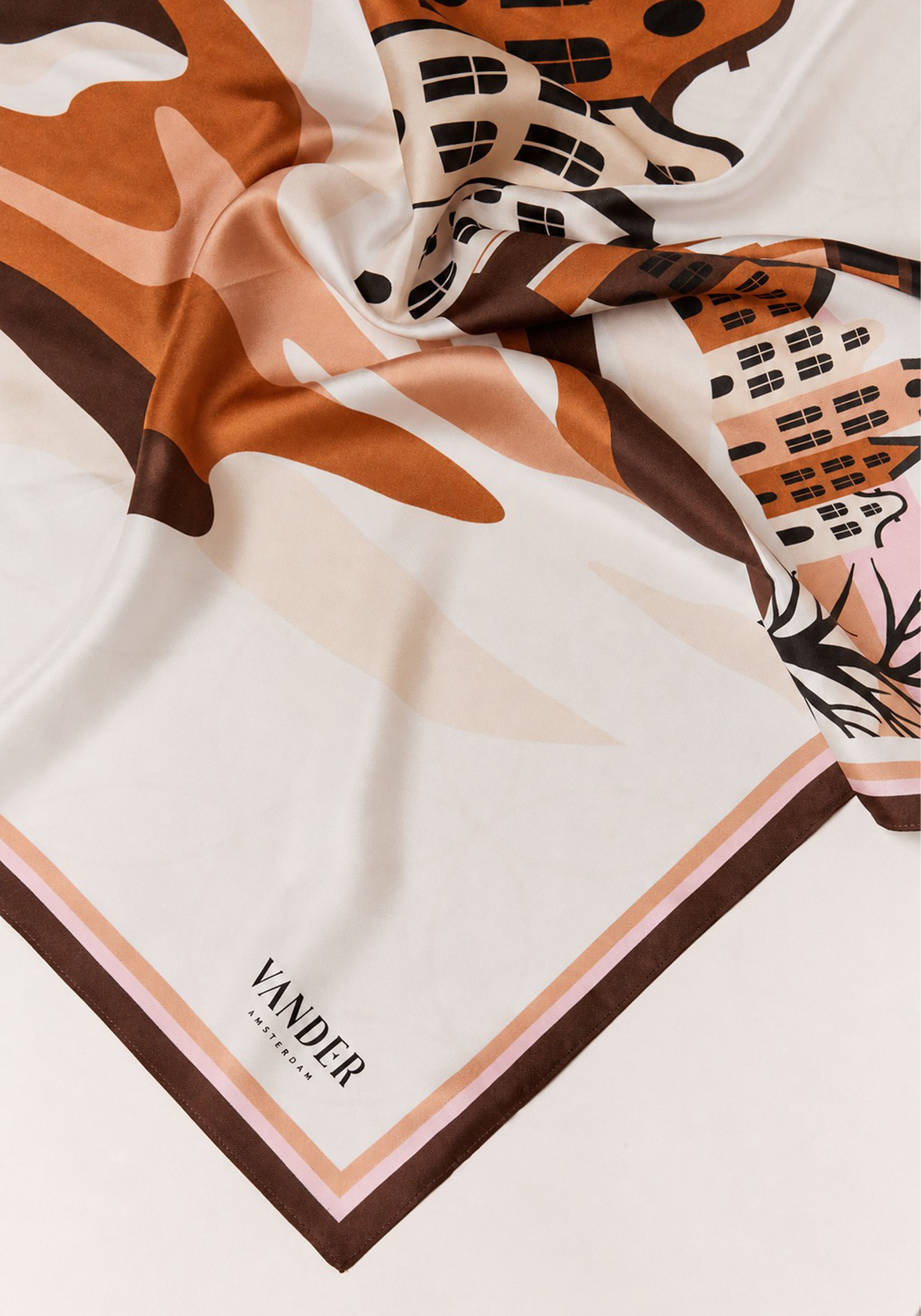 Vander Amsterdam zijden sjaal twill, roze met bruin dessin