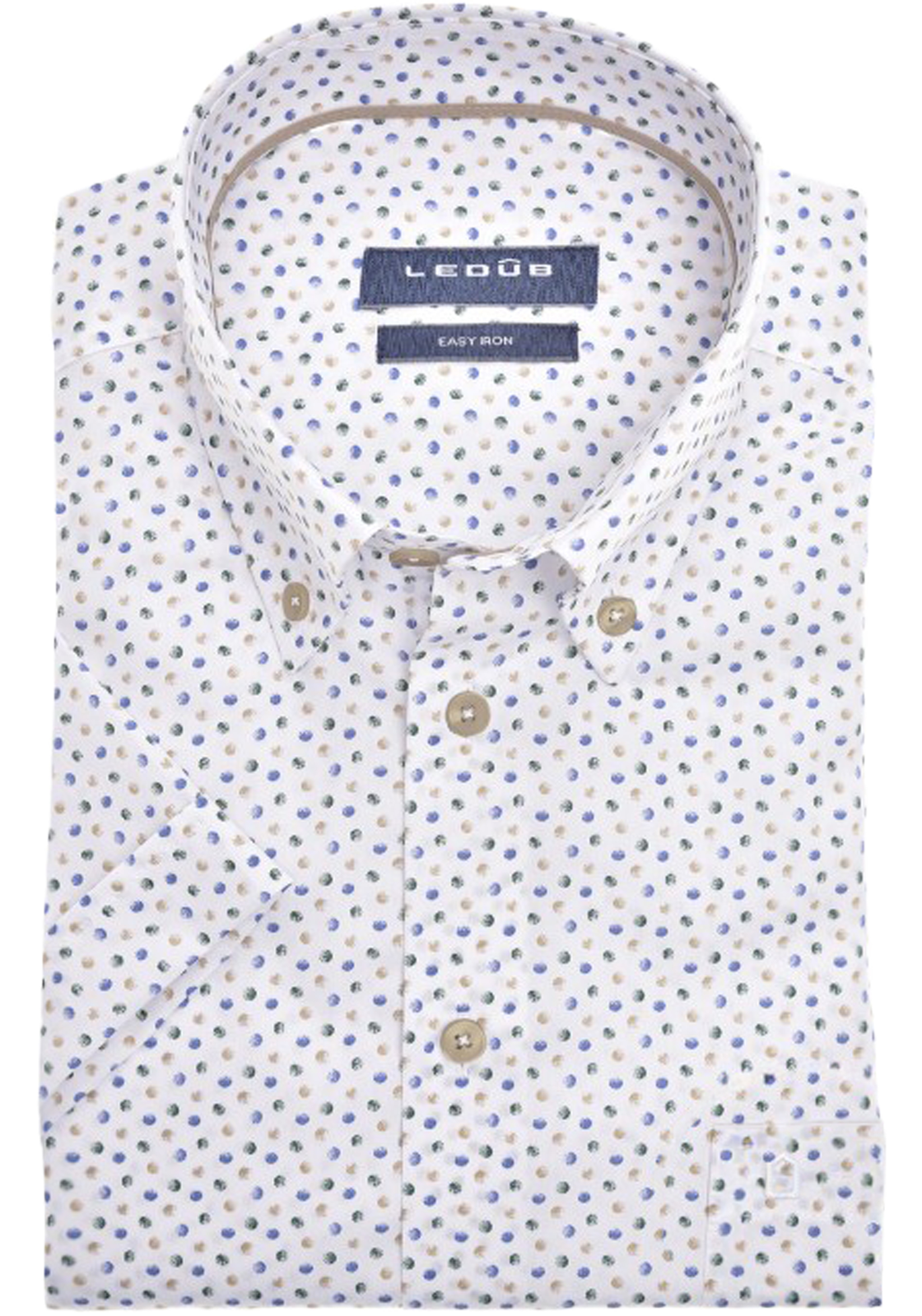 1-8720293831786-ledub-overhemd_HR Ledub modern fit overhemd, korte mouw, wit met middengroen en blauw dessin