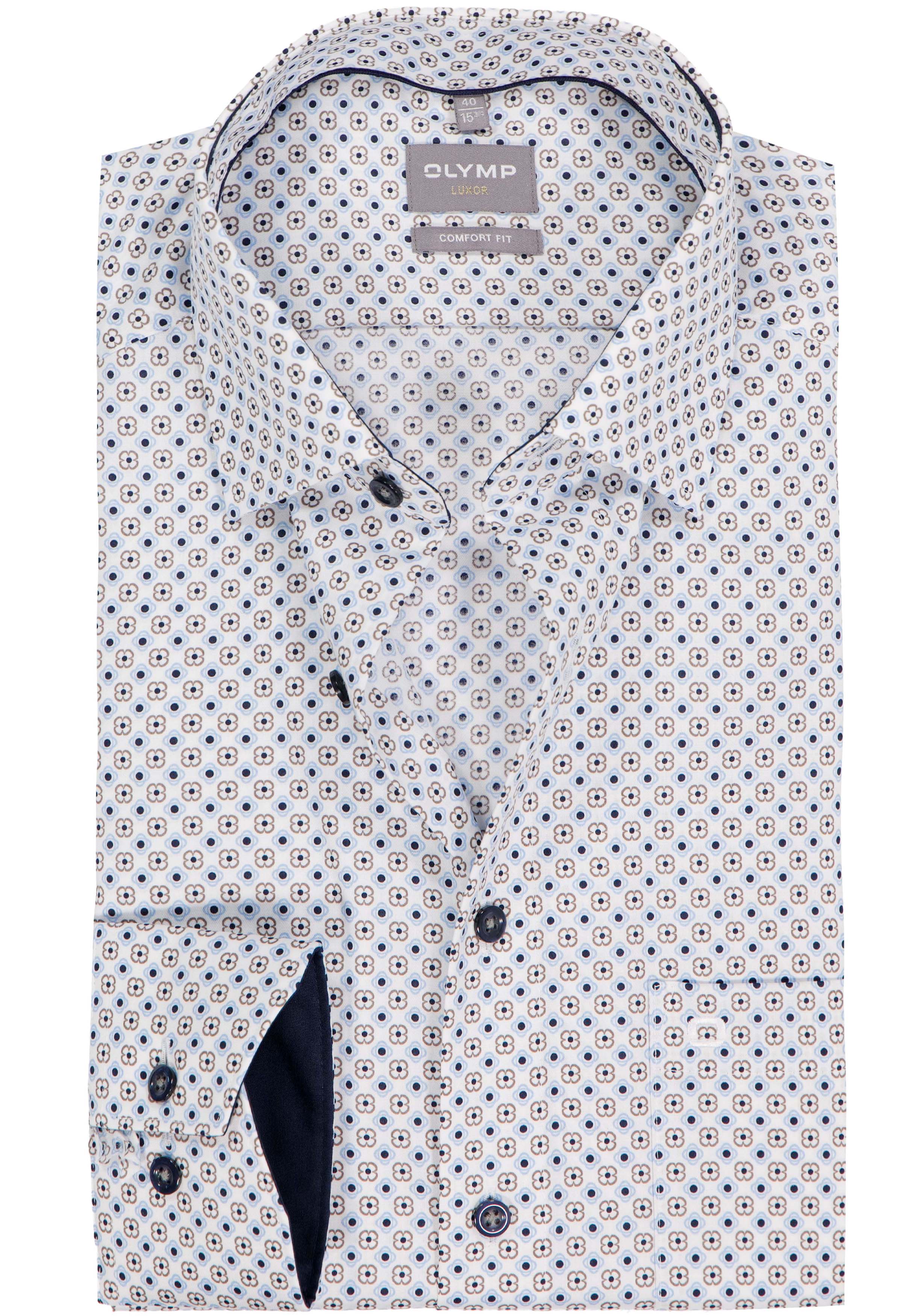 OLYMP Luxor comfort fit overhemd, dobby, wit met blauw dessin