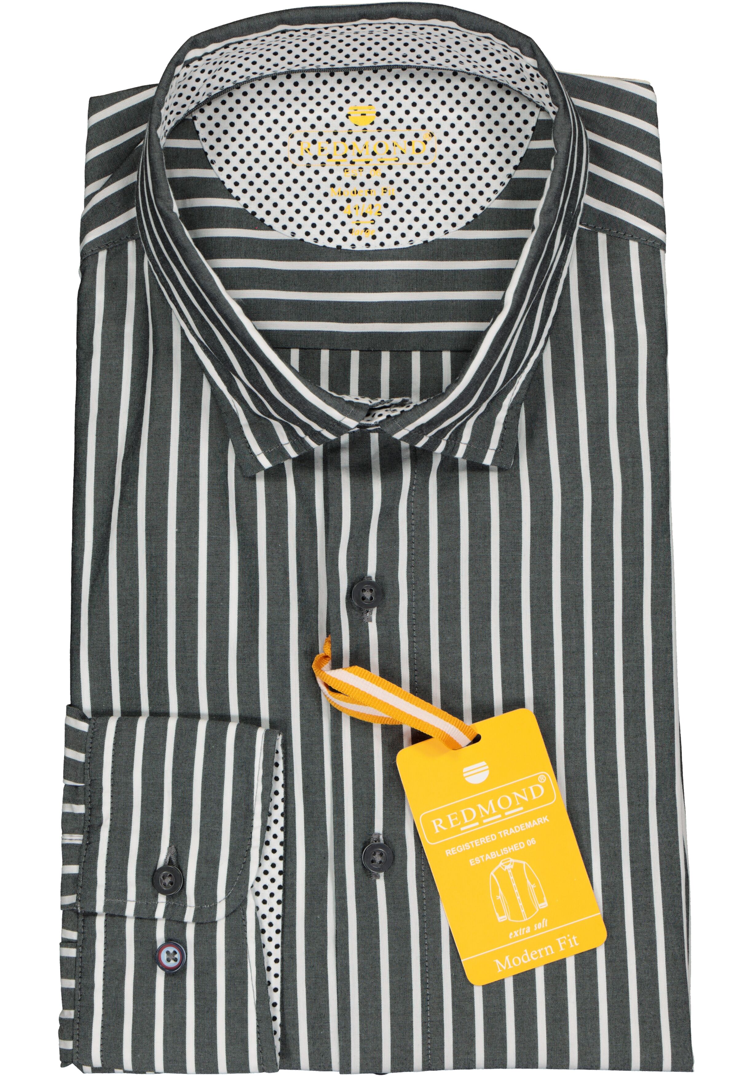 Redmond modern fit overhemd, poplin, antraciet met wit gestreept (contrast)
