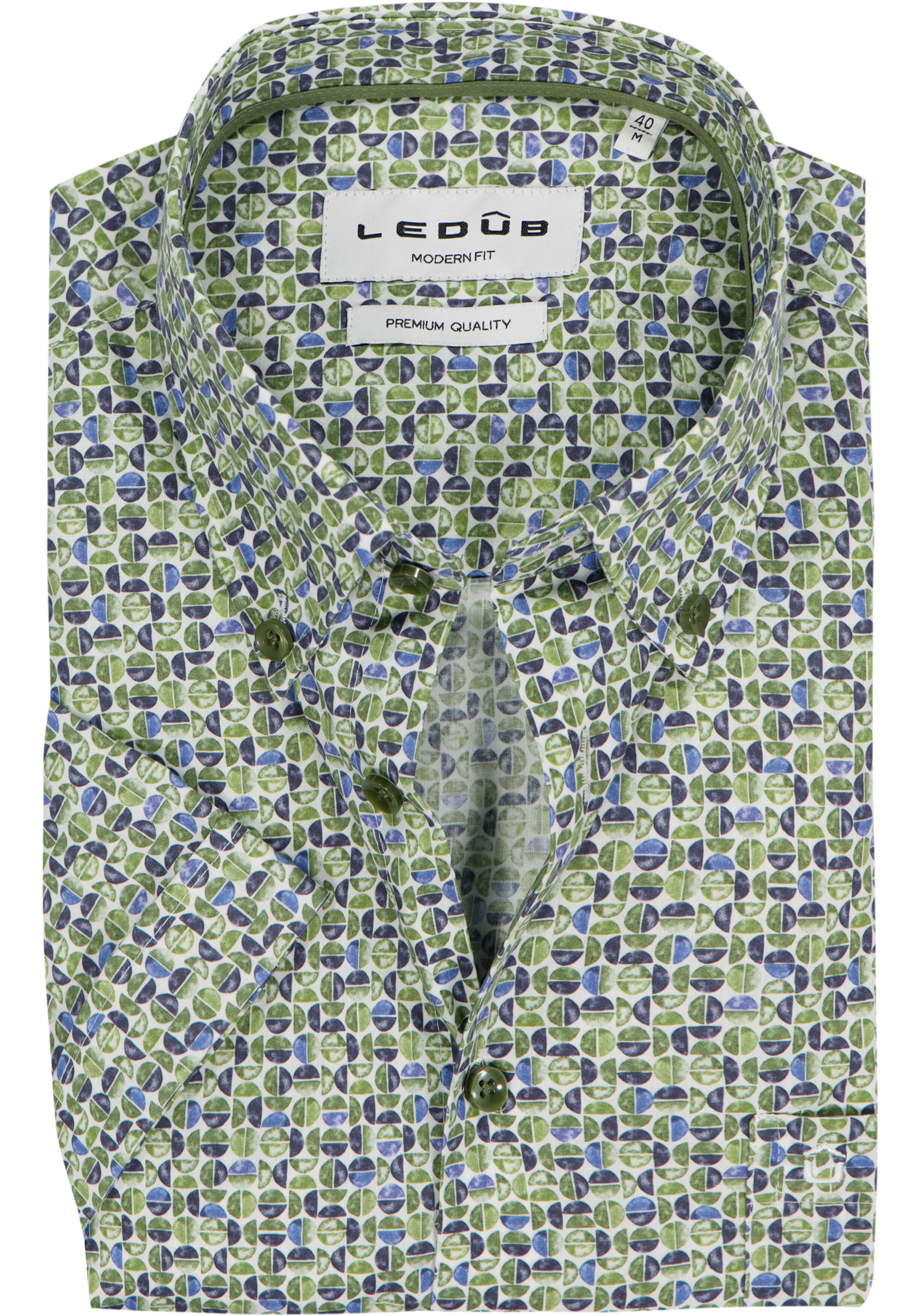 Ledub modern fit overhemd, korte mouw, popeline, blauw met groen en wit dessin