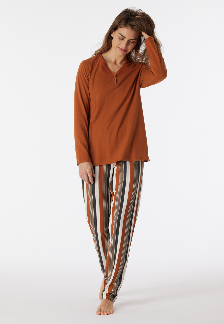 SCHIESSER Comfort Nightwear pyjamaset, dames pyjama lang biologisch katoen knoopsluiting whisky
