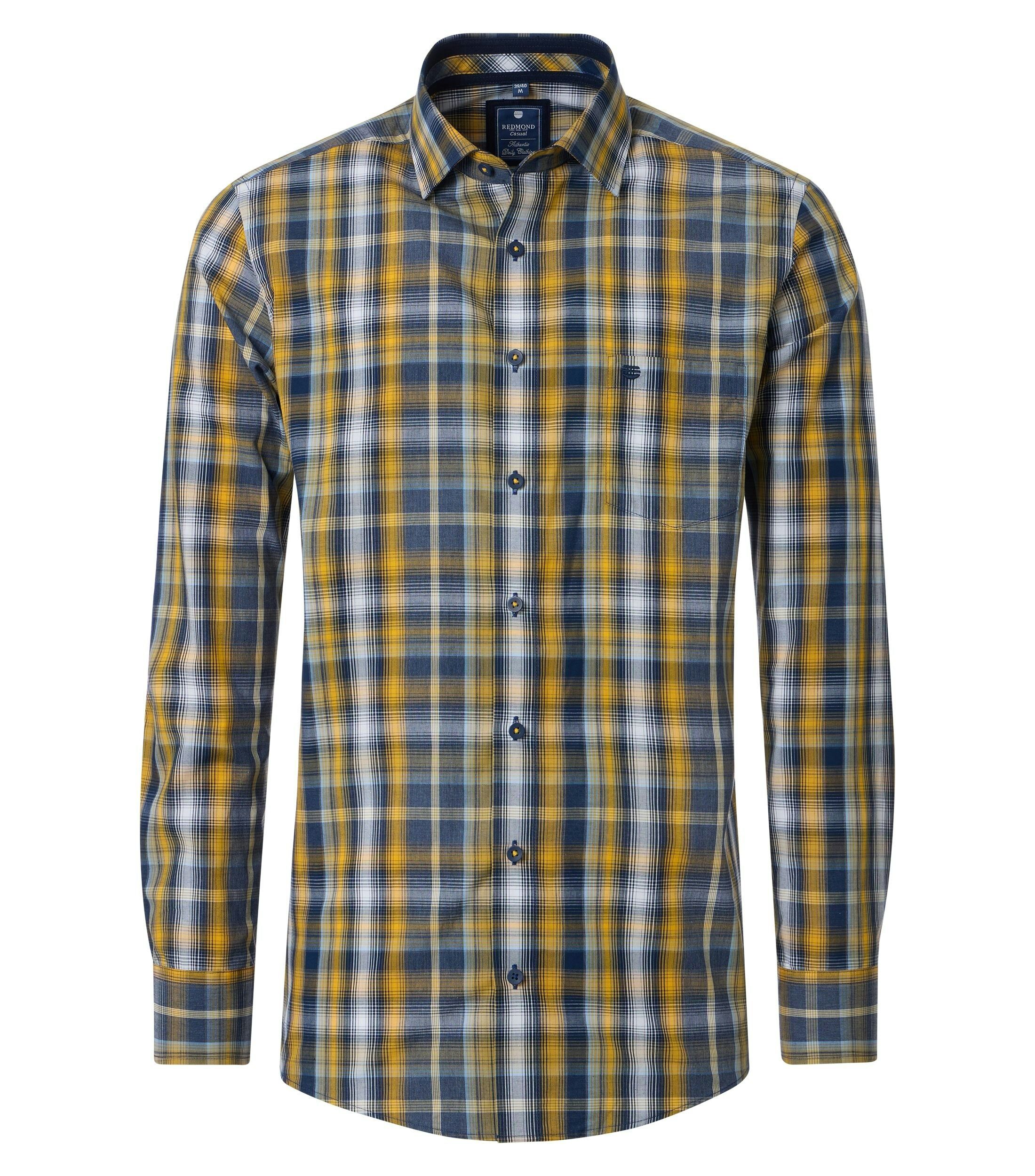 Redmond comfort fit overhemd, structuur, blauw met geel en wit geruit