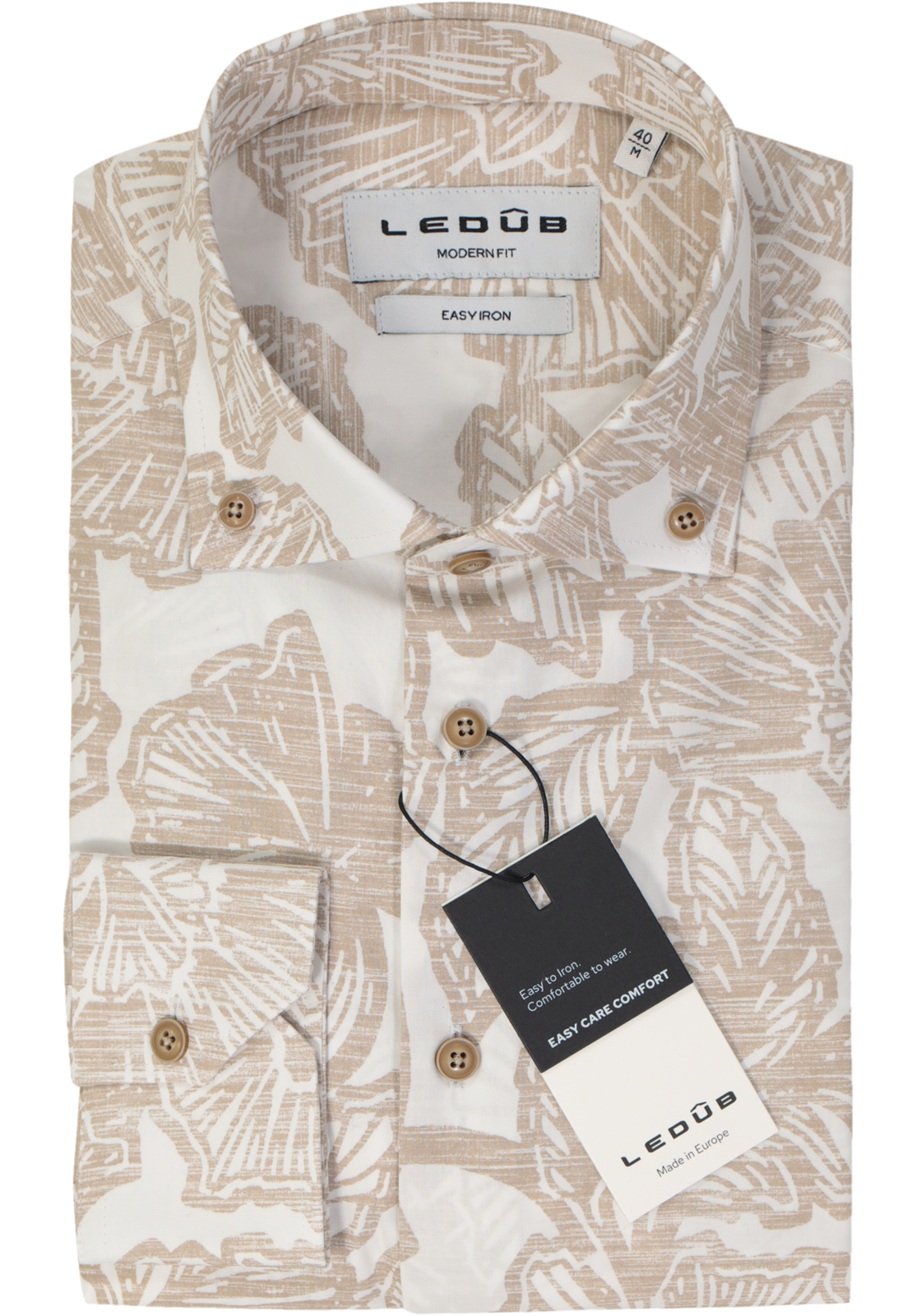 Ledub modern fit overhemd, popeline, lichtbruin met wit dessin Ledub modern fit overhemd, popeline, lichtbruin met wit dessin