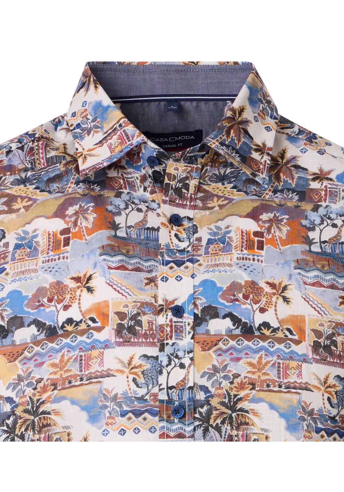 CASA MODA Sport casual fit overhemd, korte mouw, chambray, wit met blauw, beige en oranje dessin