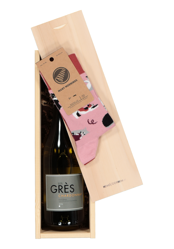 Heren en dames cadeaubox: witte wijn met Many Mornings Playful cat Socks Heren en dames cadeaubox: witte wijn met Many Mornings Playful cat Socks