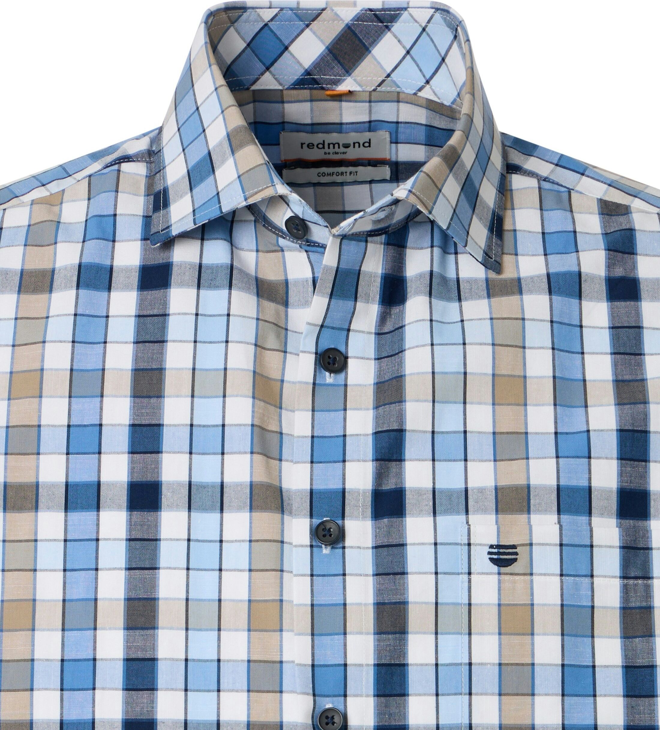 Redmond modern fit overhemd, korte mouw, chambray, lichtblauw, wit, donkerblauw, beige geruit