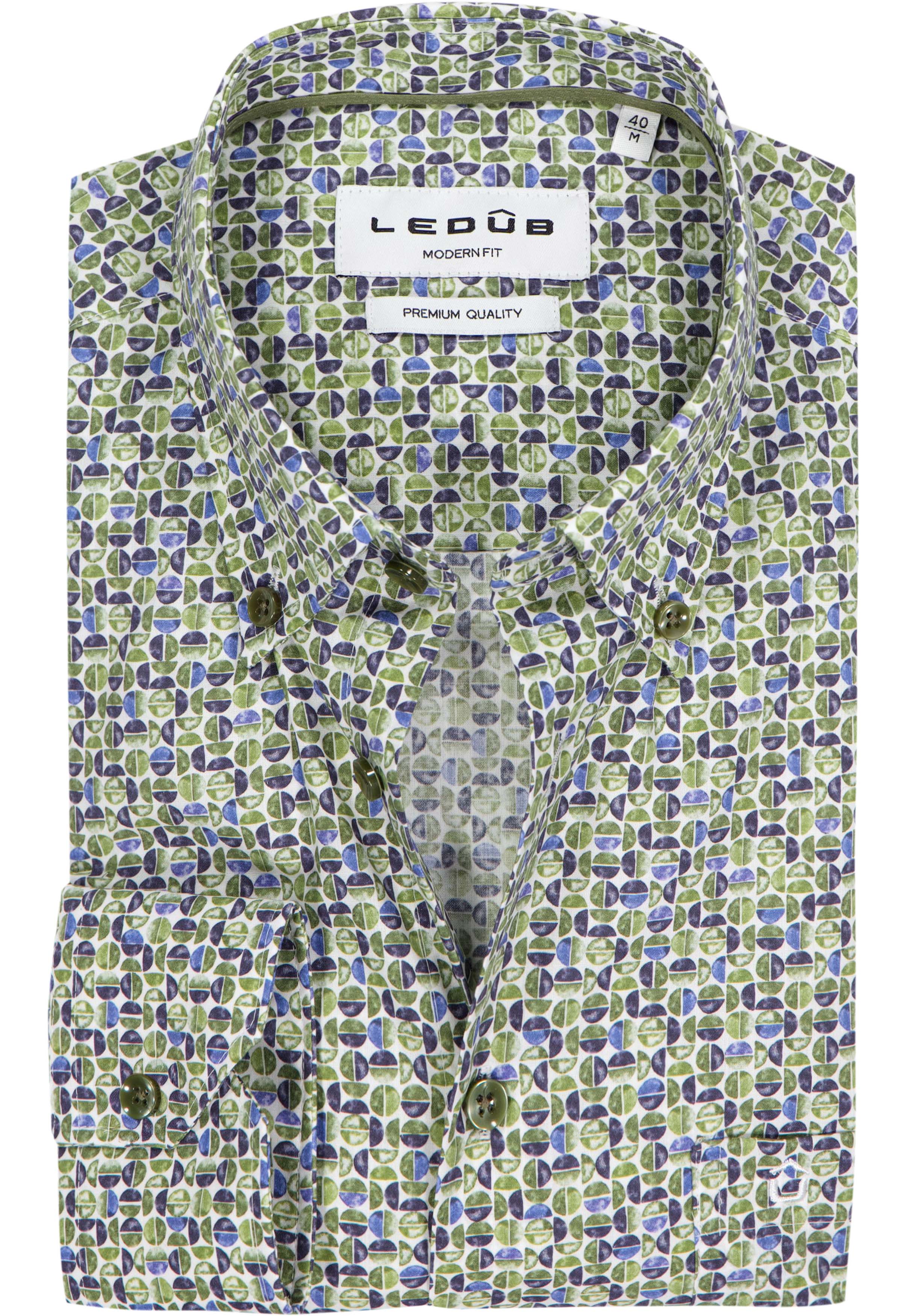 Ledub modern fit overhemd, mouwlengte 72 cm, popeline, blauw met groen en wit dessin
