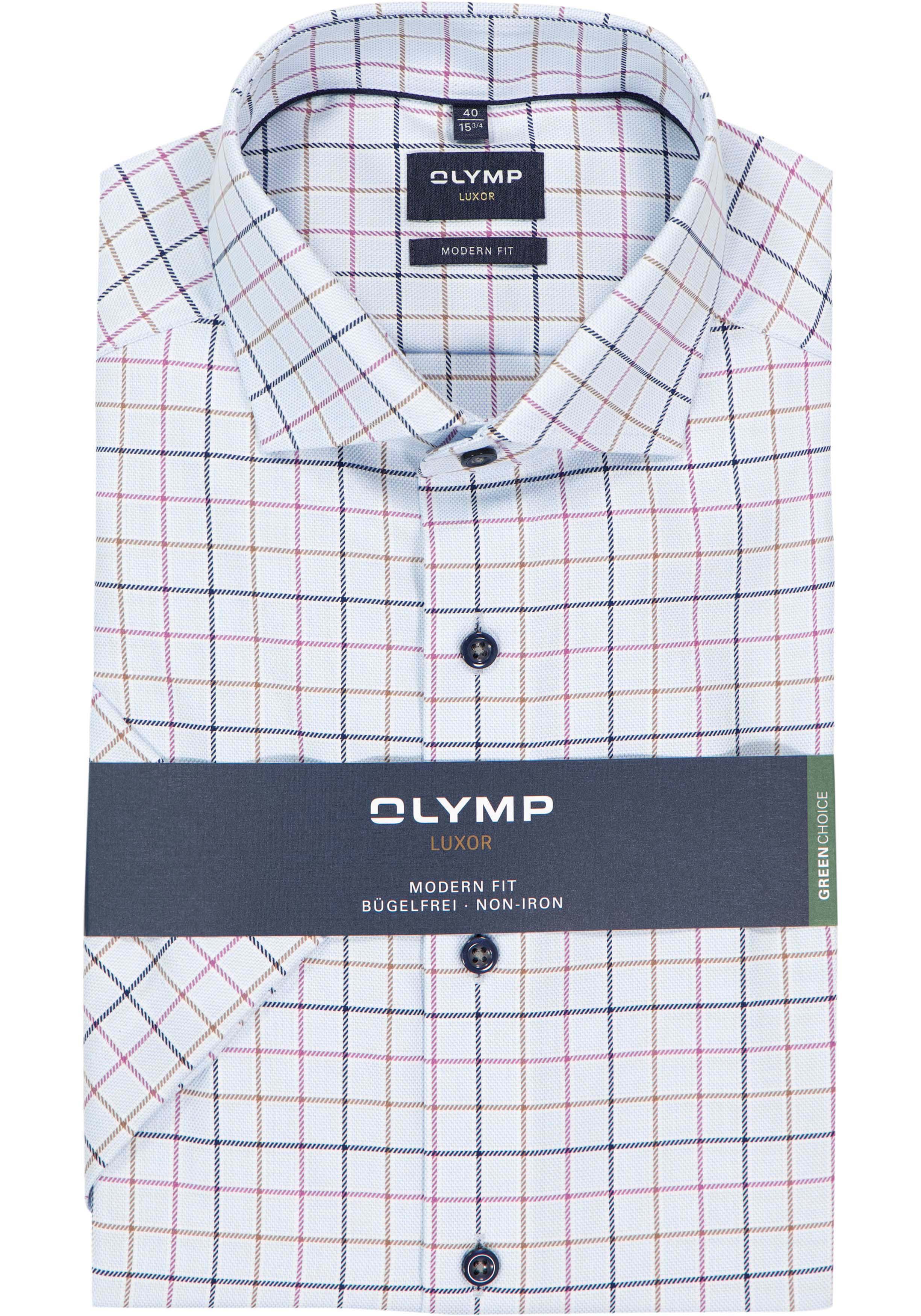 OLYMP Luxor modern fit overhemd, korte mouw, popeline, lichtblauw met donkerblauw en bruin geruit