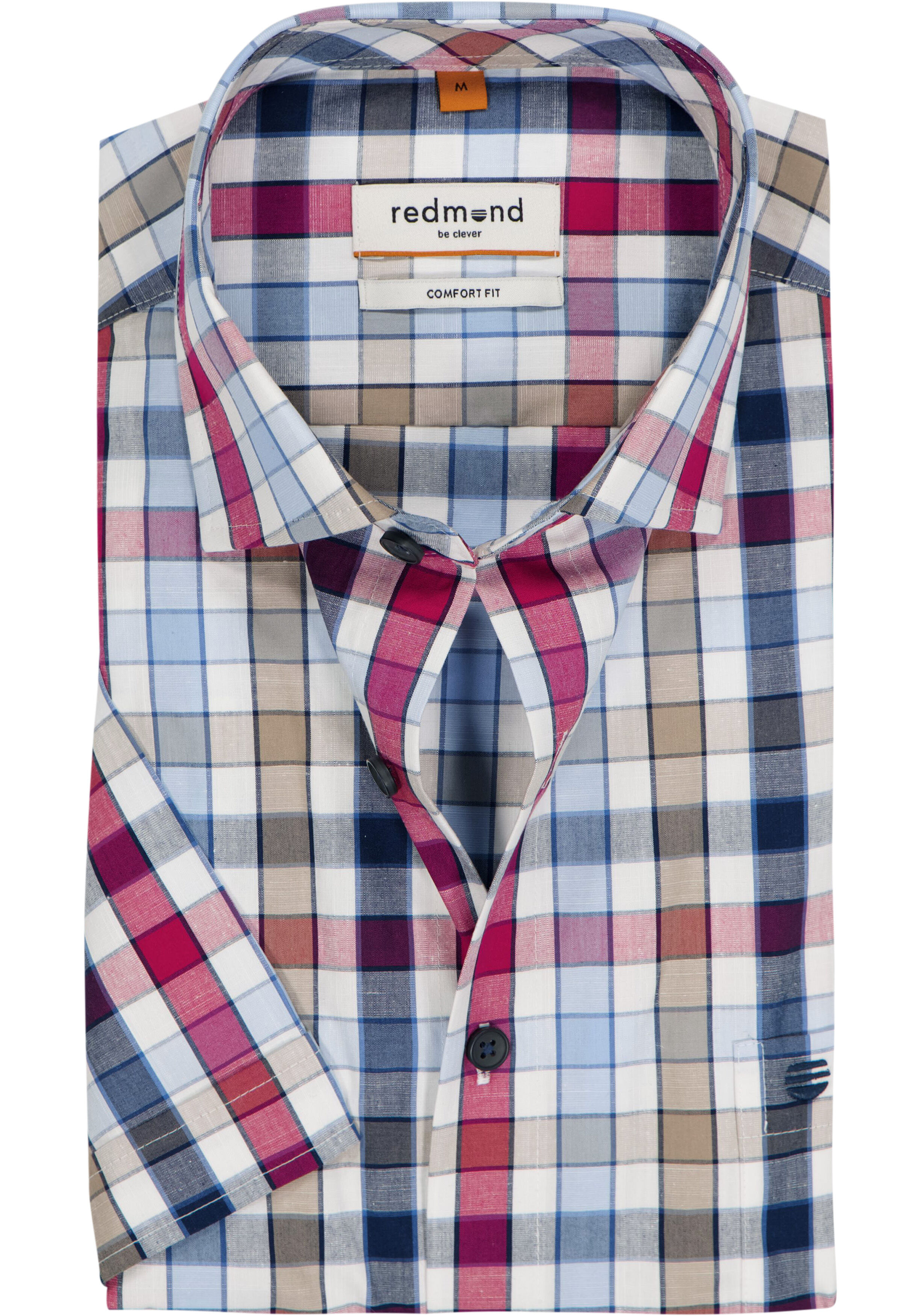 Redmond comfort fit overhemd, korte mouw, chambray, blauw met rood, wit en kaki geruit