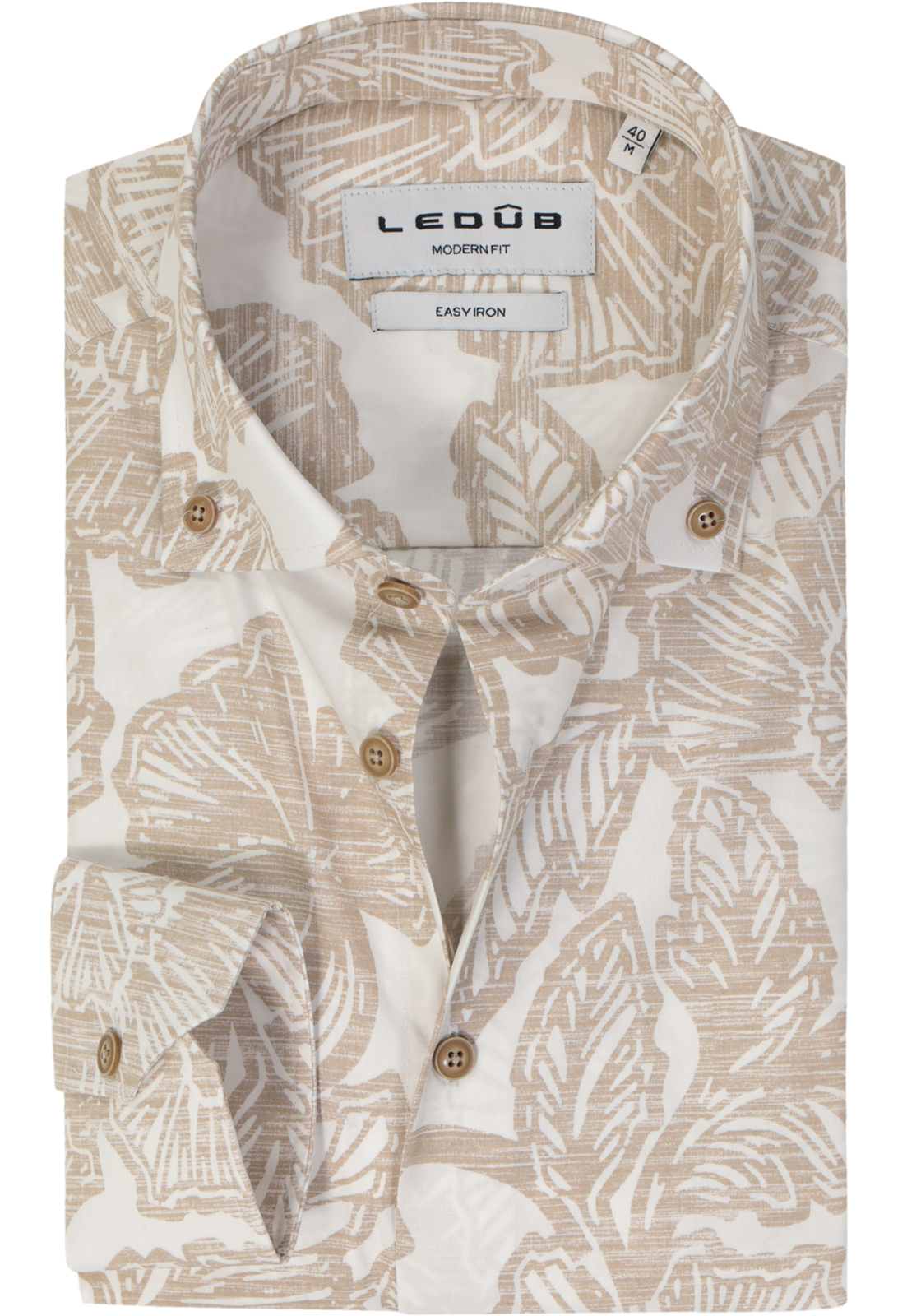 Ledub modern fit overhemd, popeline, lichtbruin met wit dessin Ledub modern fit overhemd, popeline, lichtbruin met wit dessin