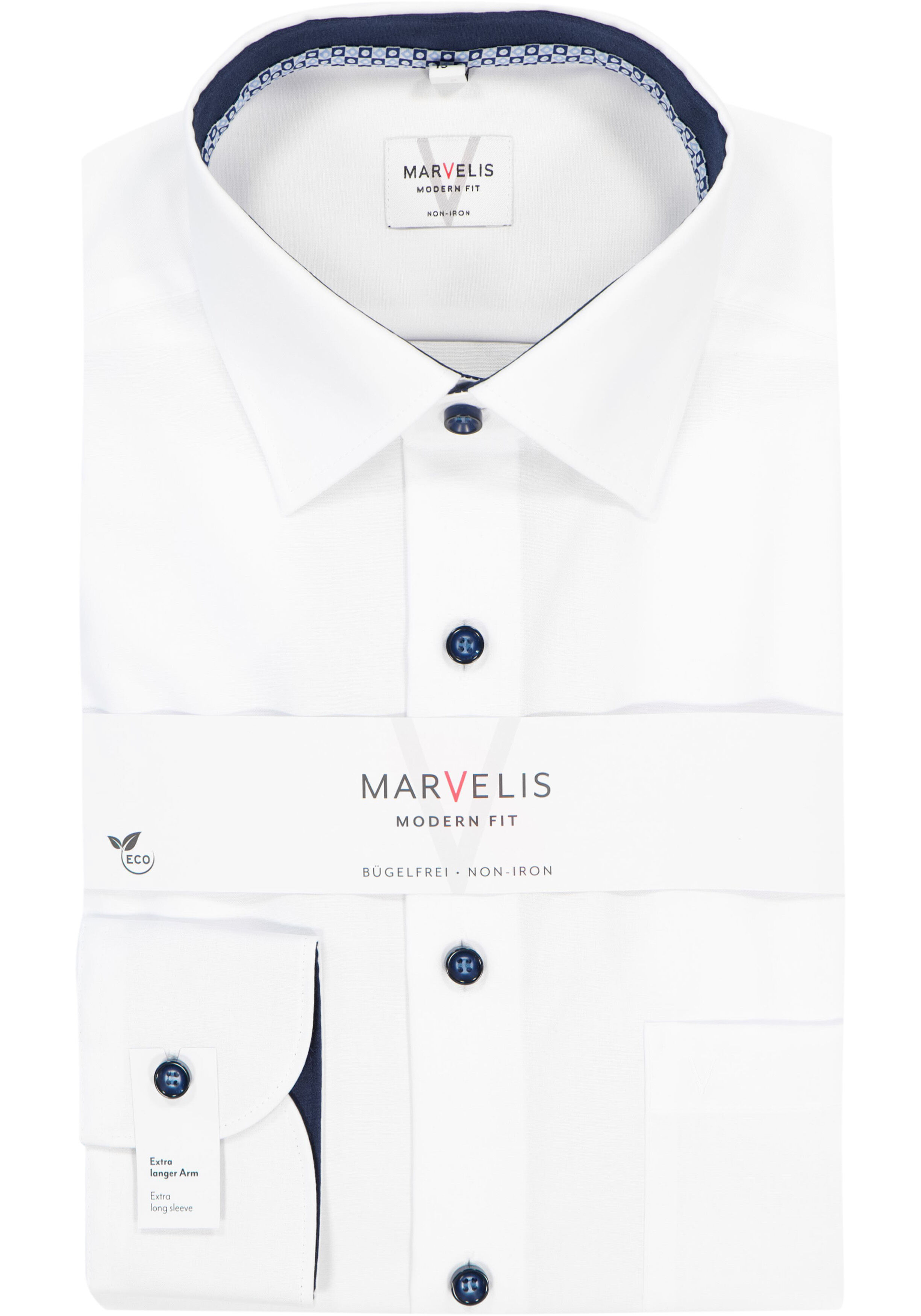 MARVELIS modern fit overhemd, mouwlengte 7, popeline, wit met blauw contrast en knopen