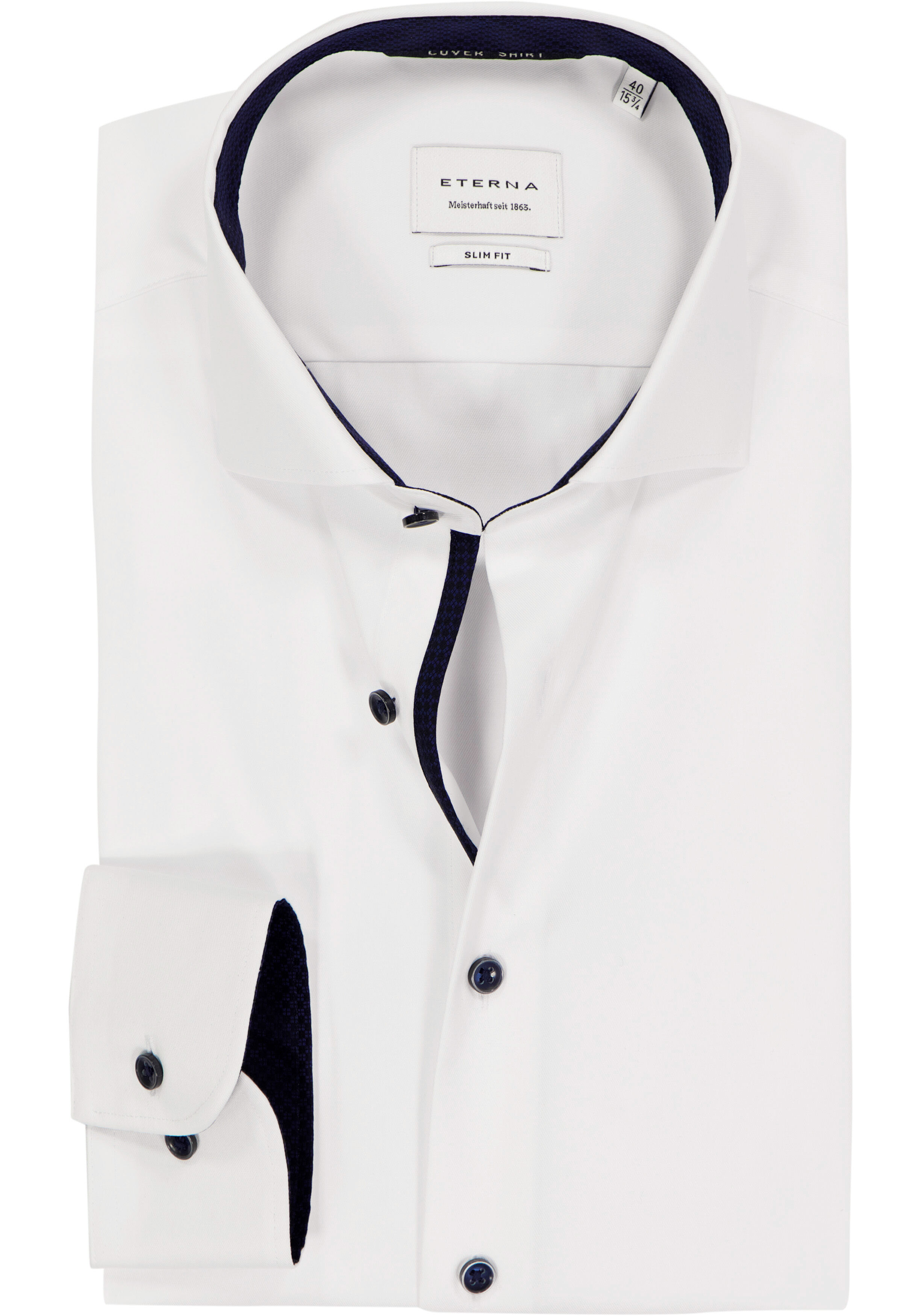 ETERNA slim fit overhemd, niet doorschijnend twill, wit (donkerblauw contrast)