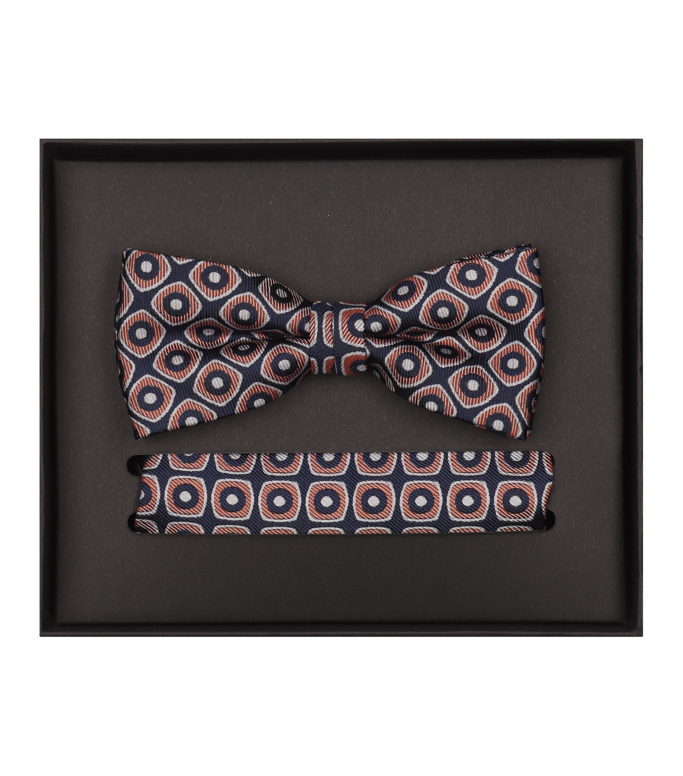 VENTI set met vlinderdas en pochet, donkerblauw, oranje, wit dessin