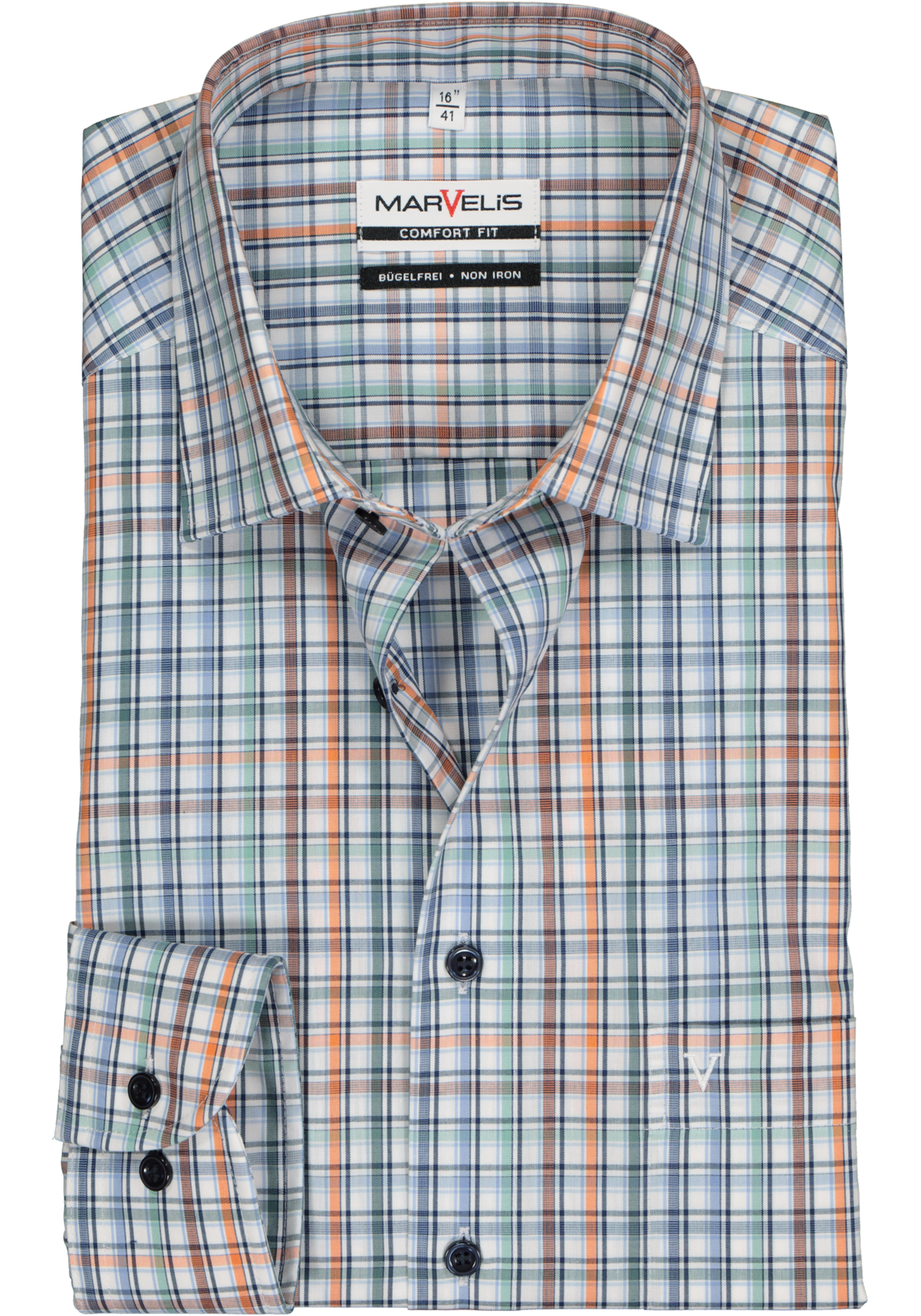 1-4062534682769_marvelis-overhemd_HR MARVELIS comfort fit overhemd, popeline, wit, blauw, groen, oranje en bruin geruit