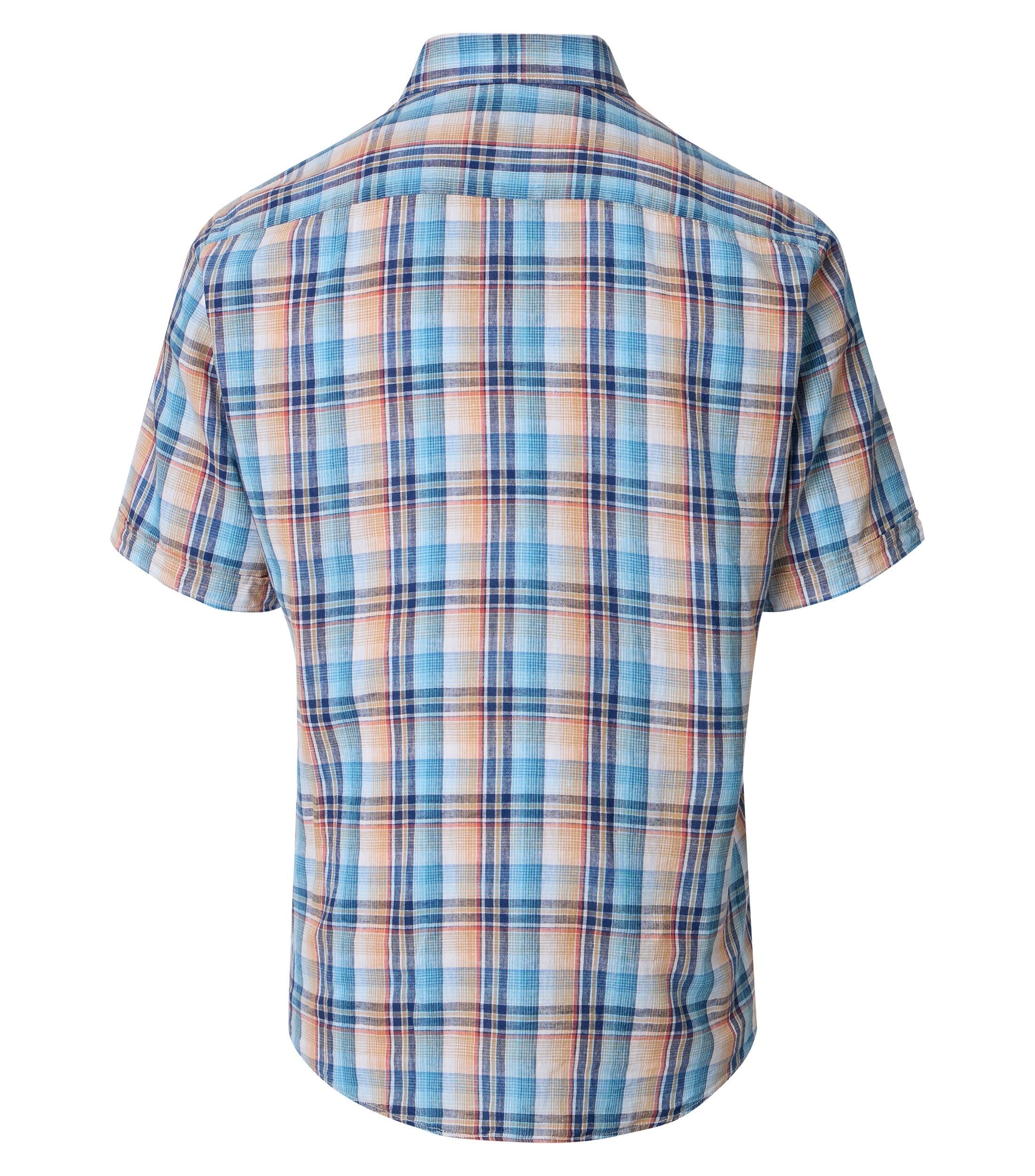 CASA MODA Sport casual fit overhemd, korte mouw, structuur, lichtblauw, wit, oranje, donkerblauw geruit