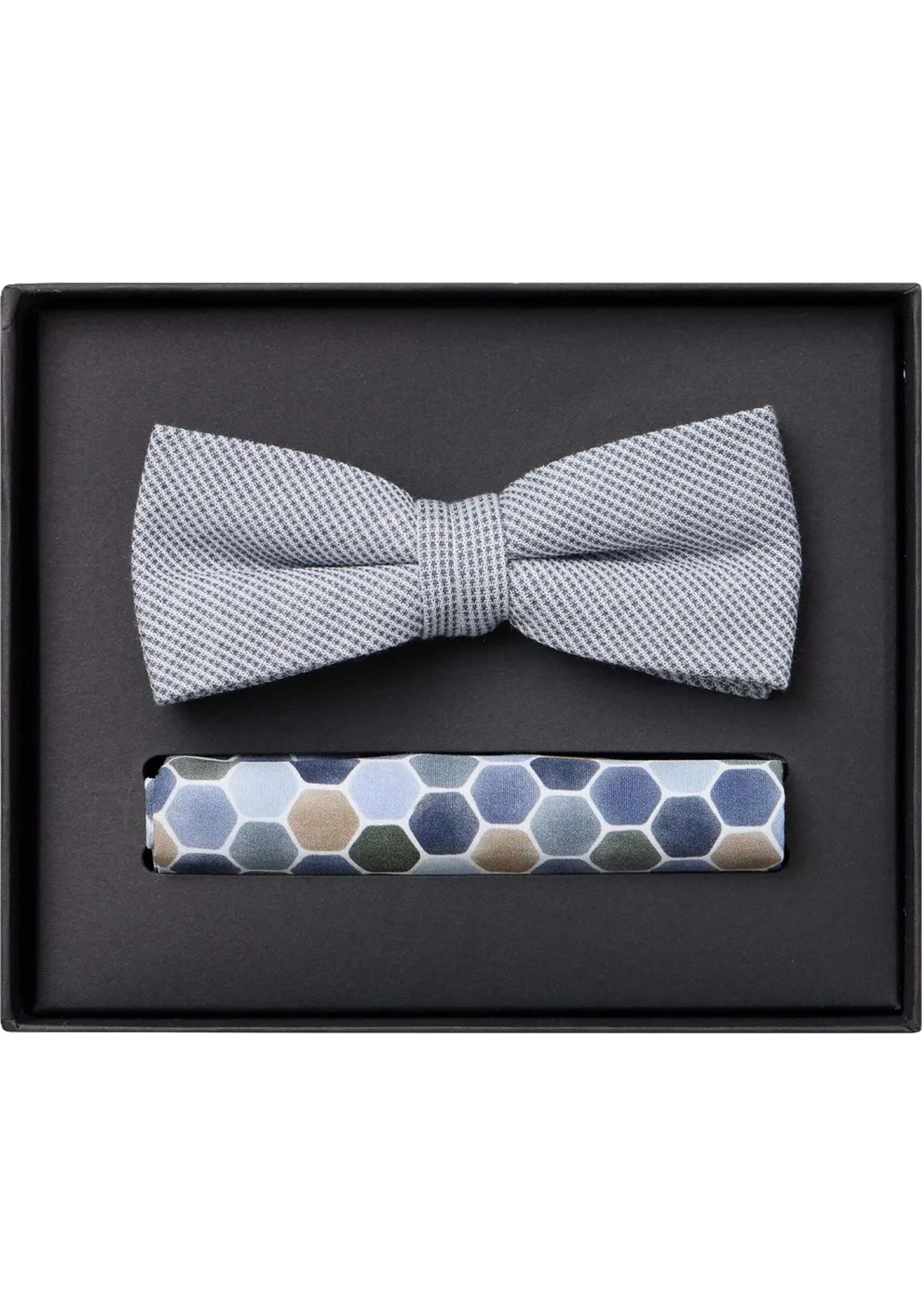 VENTI set met vlinderdas en pochet, blauw met wit en grijs dessin