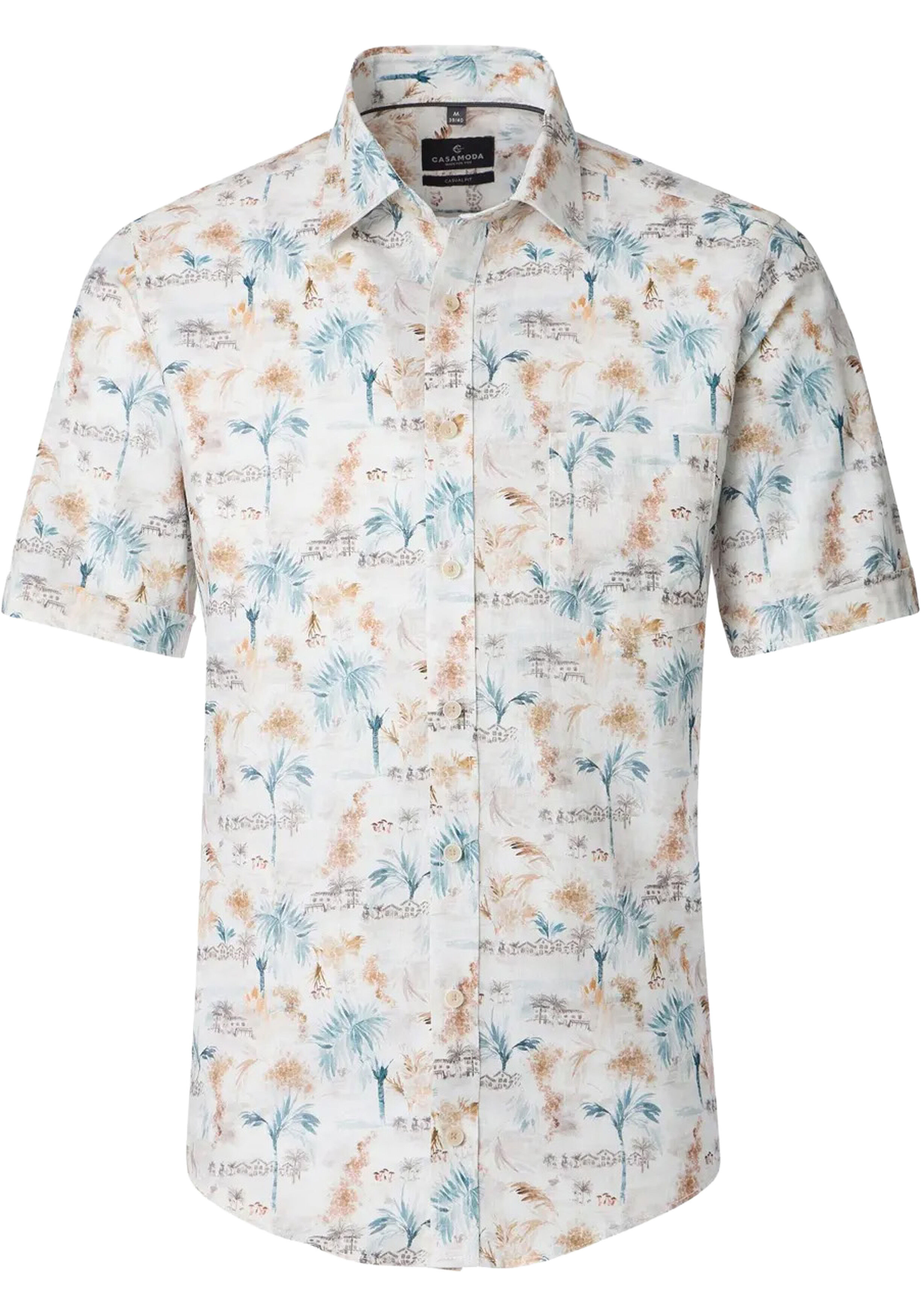 CASA MODA Sport casual fit overhemd, korte mouw, chambray, wit met bruin en blauw dessin
