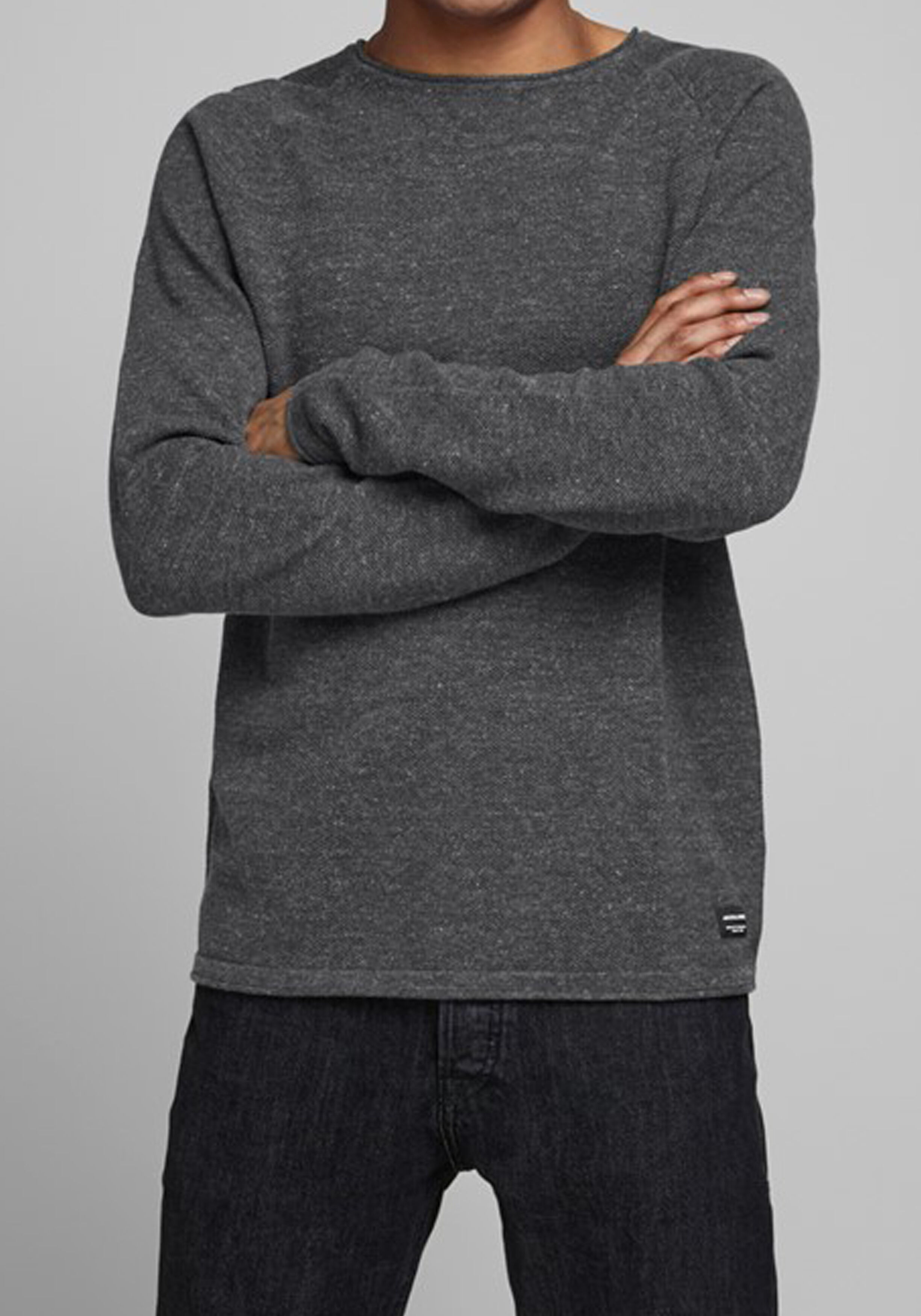 JACK & JONES slim fit trui katoen, O-hals, antraciet grijs melange 