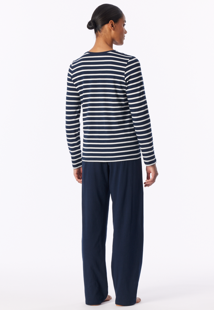 SCHIESSER dames Cotton Essentials Pyjama lang, dames pyjama set, nachtblauw gestreept